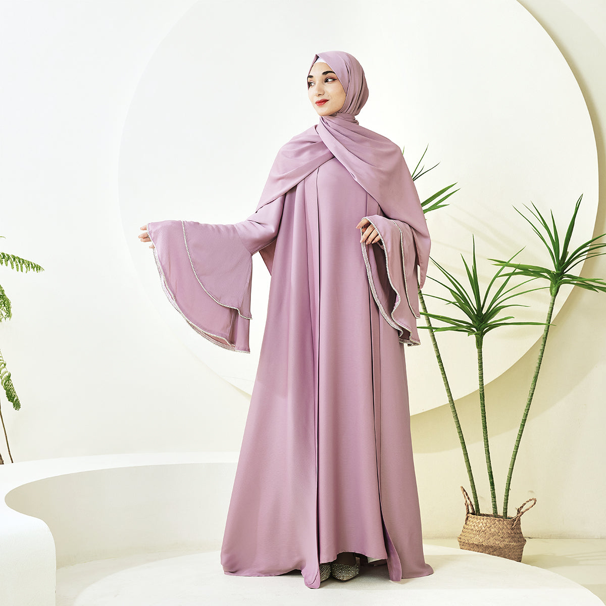 Crepe Satin Ruffle Sleeve Abaya, 5-Piece Set (NCS003)