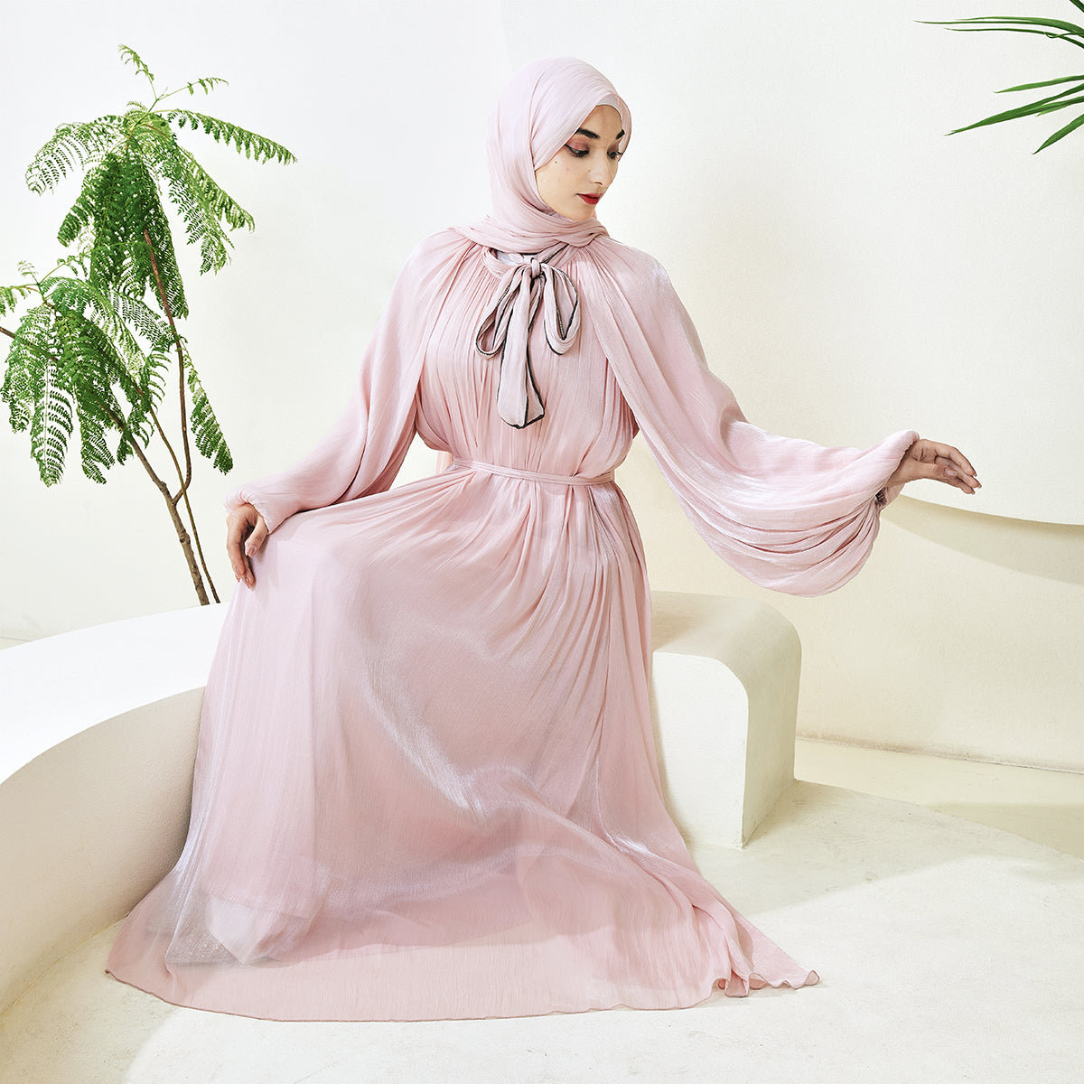Haffafa Armani Satin Abaya Set – Modest Dress with Matching Belt & Hijab(NCS002)