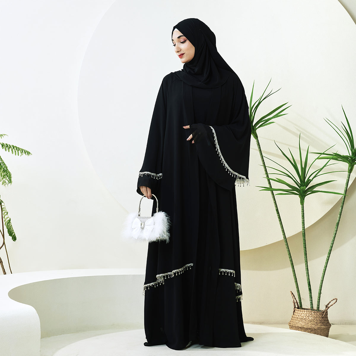Elegant Chiffon Diamond Tassels Abaya Four - piece Set(NCS001)