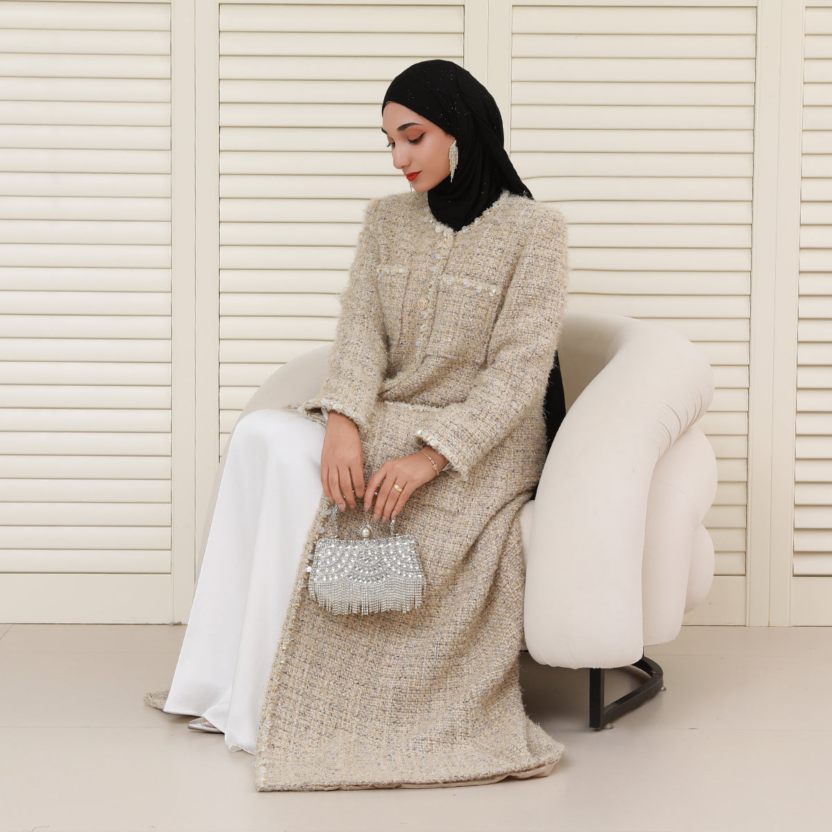 Wool Blend Winter Tweed Abaya Coat with Rhinestone Trim – Elegant Chanel-Inspired Modest Outerwear(NCC001)