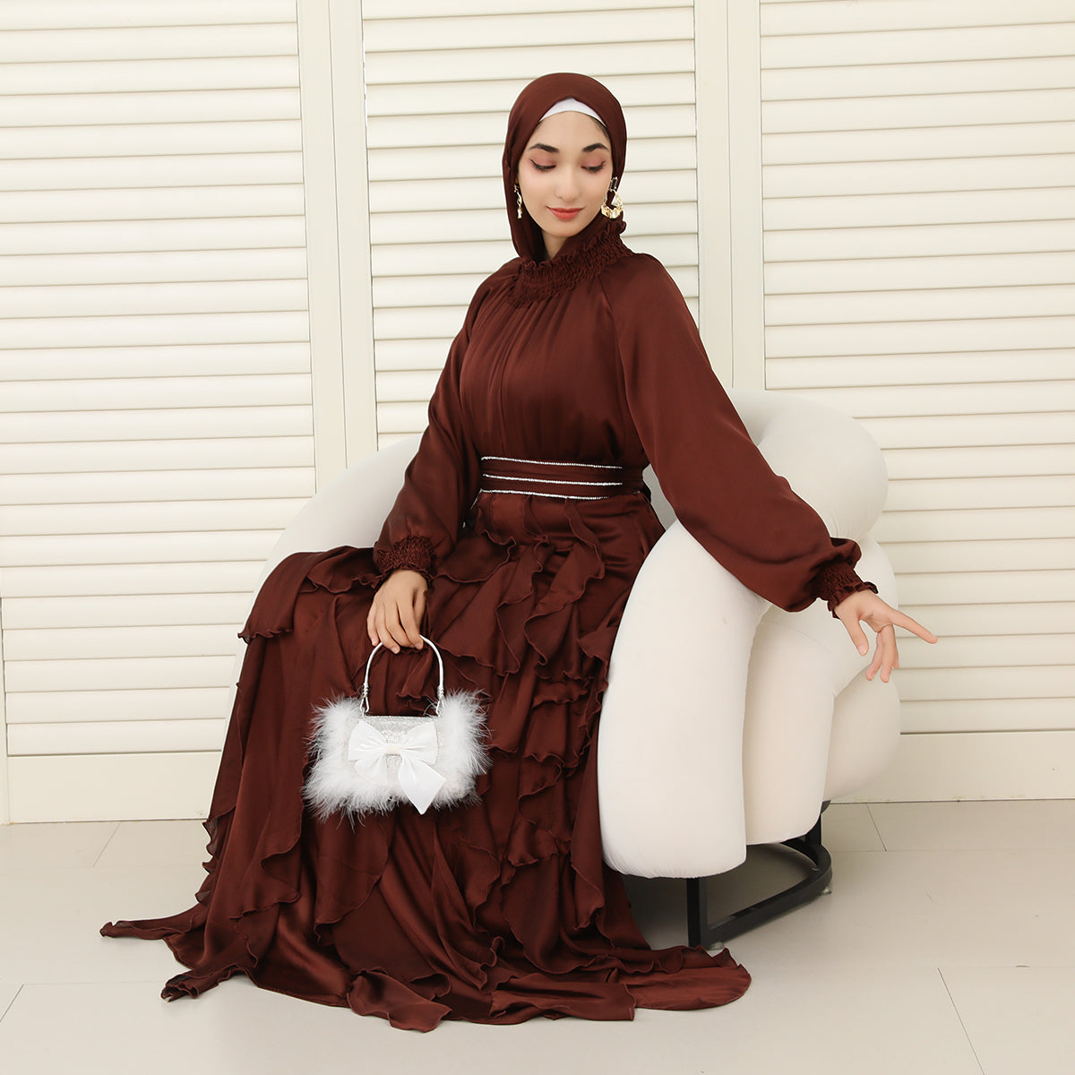 3-Piece Pleated Satin Ruffle Abaya with Crystal Belt & Hijab (NCS015)