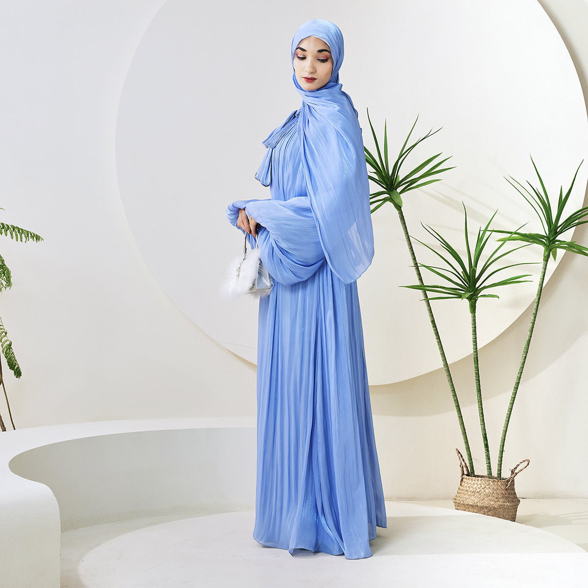 Haffafa Armani Satin Abaya Set – Modest Dress with Matching Belt & Hijab(NCS002)