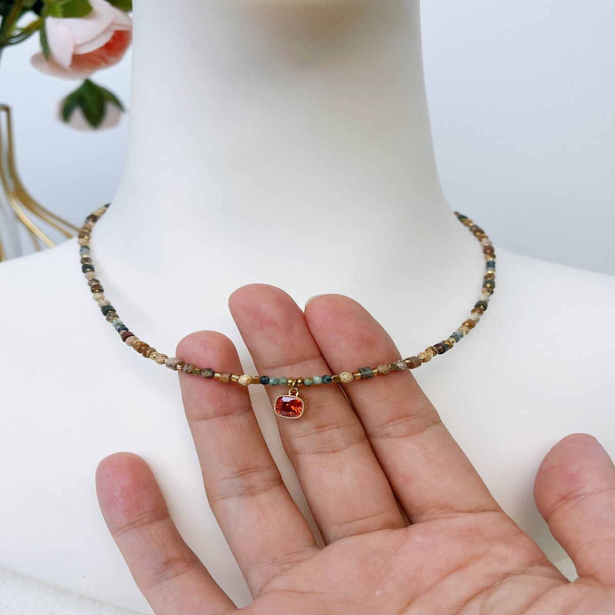 Boho Raw Stone Beaded Necklace with Vintage Sun Pendant – Handmade Natural Gemstone Jewelry for Women(NCJ001)