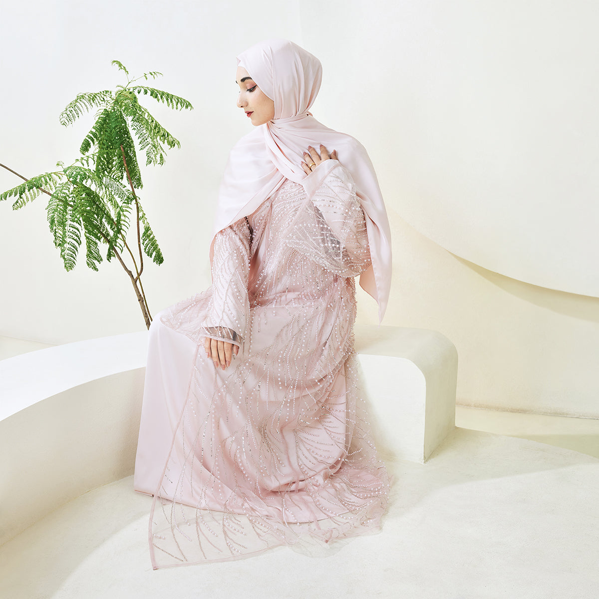 3-Piece Bridal Abaya Set with Pearl‑Embellished Organza Overlay PREORDER(NCS010)