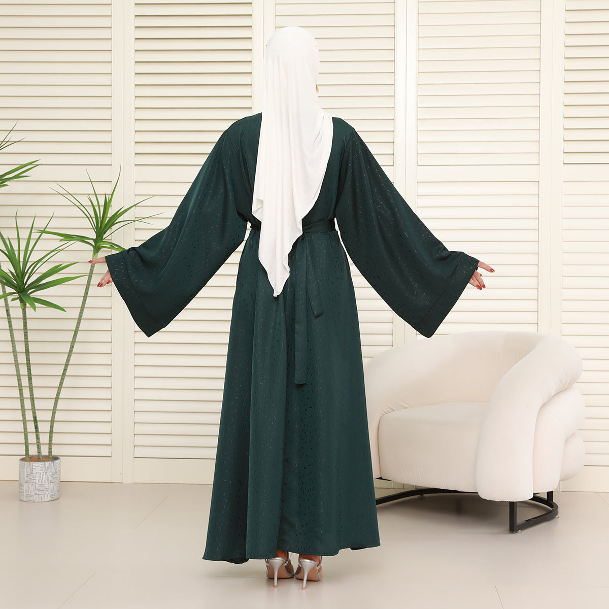 Elegant 3D Jacquard Brocade Belted Maxi Dress Abaya– Luxury Satin Gown for Formal Occasions(NCA019)