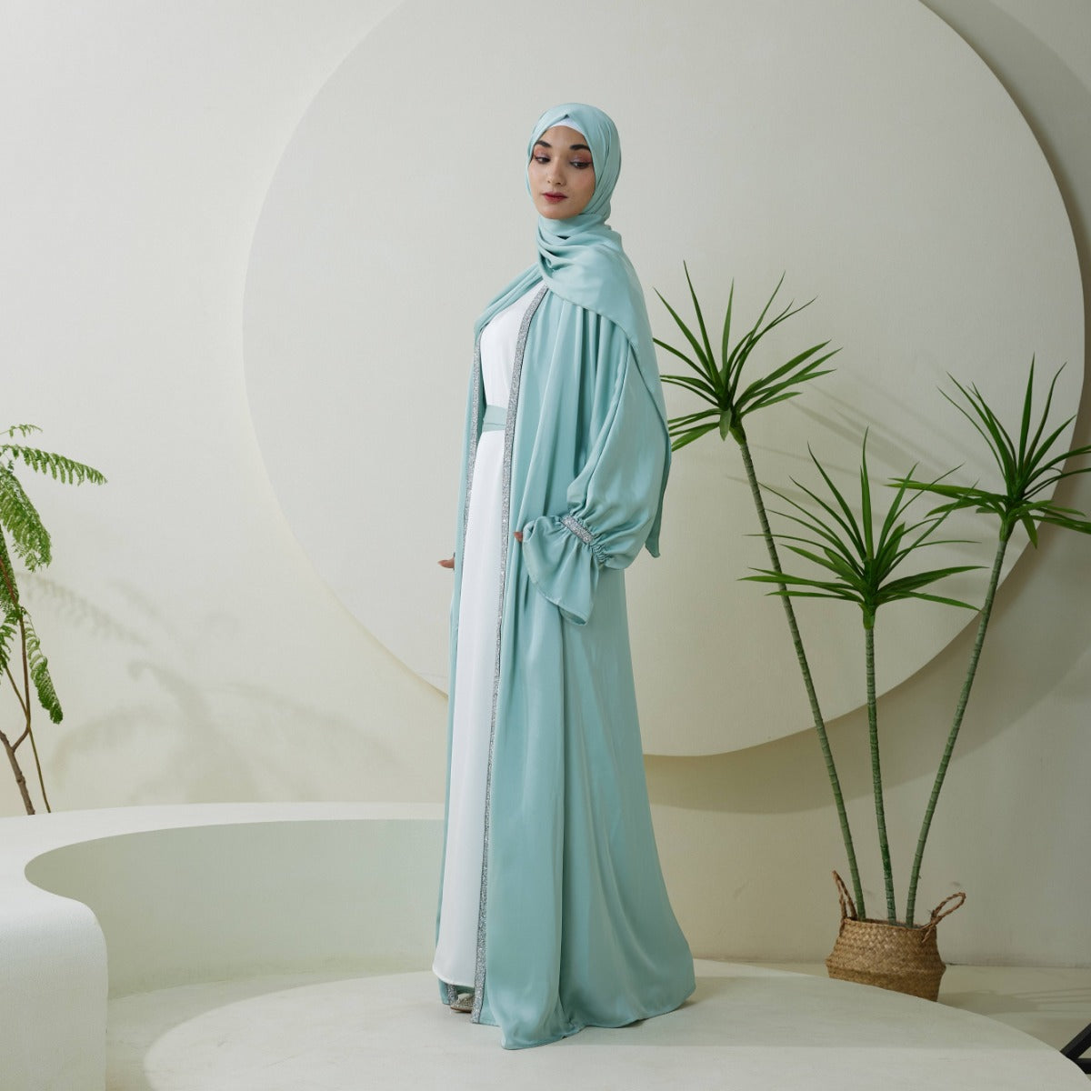 Poet Sleeve Satin Open Abaya With Matching Belt and Hijab(NCS007)