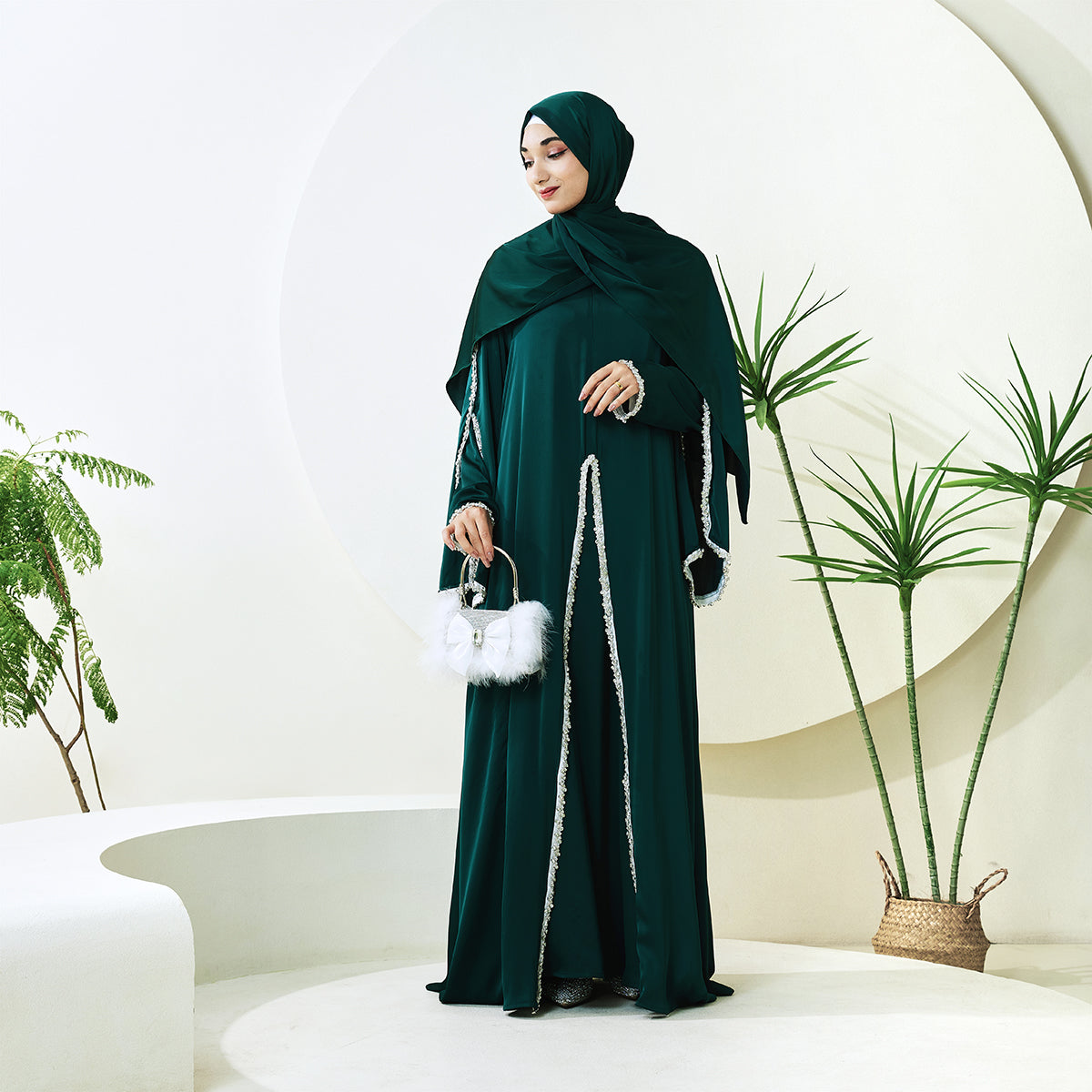 Rhinestone-Trim Inner Dress & Zippered Cape Abaya Set – Pre-Order (NCS011)