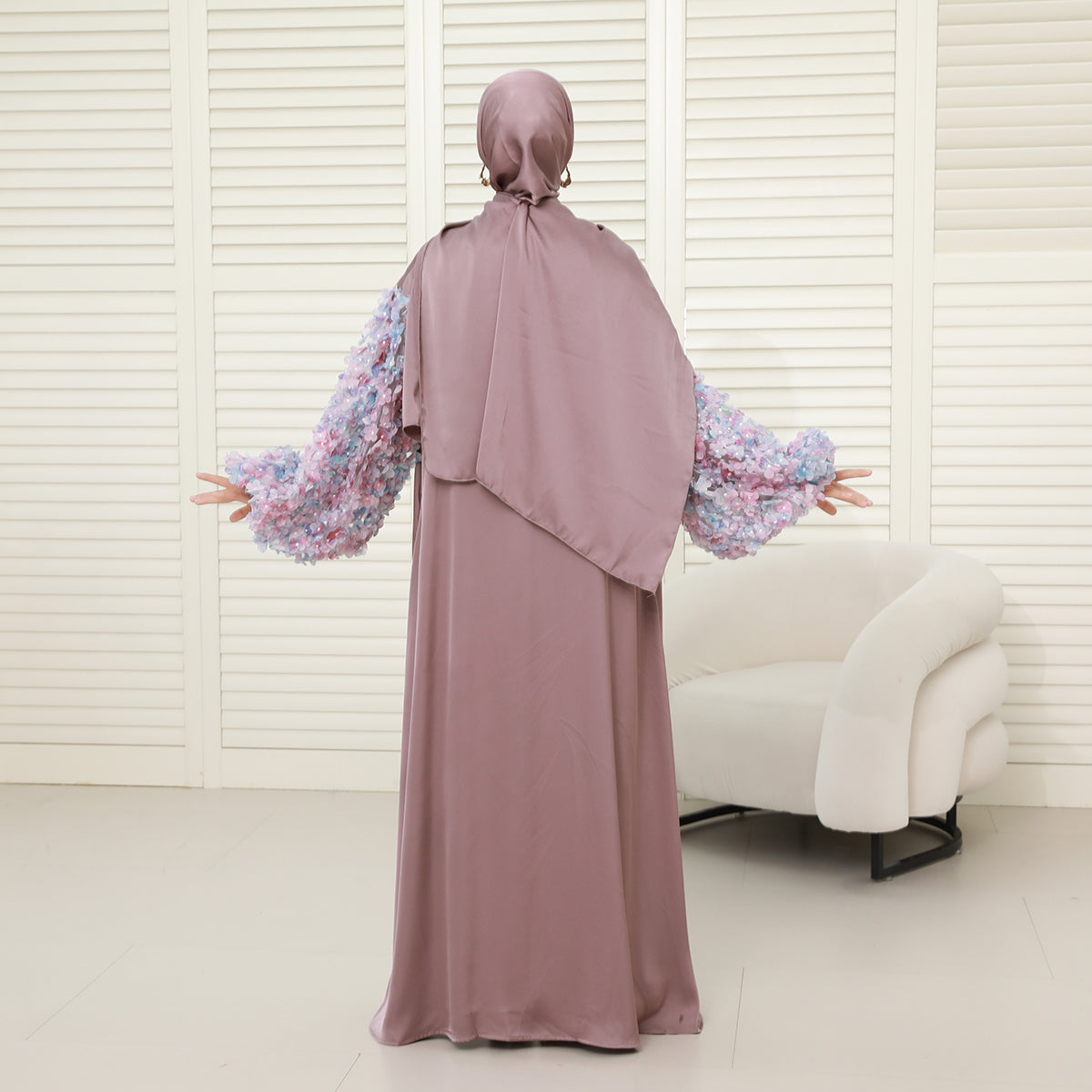 Pastel 3D Floral Sleeve 4-Piece Abaya Set – Elegant Occasionwear Modest Dress (NCS014)