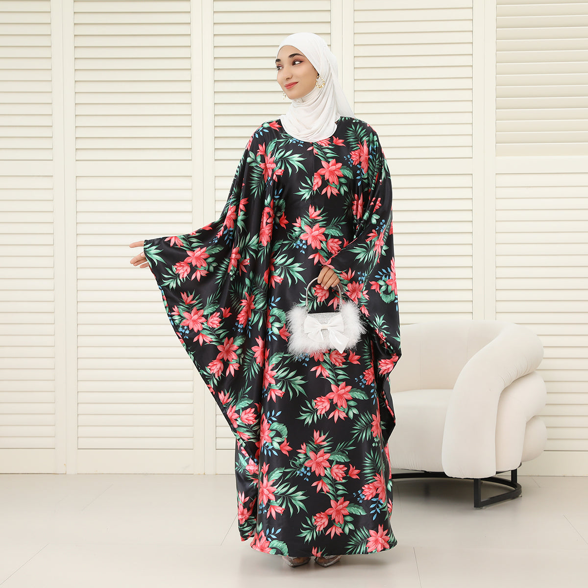Oversized Batwing Abaya with Hidden Belt & Zipper (NCK004)