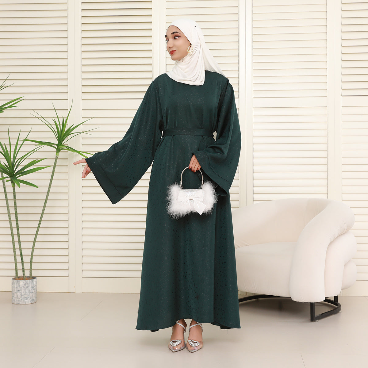 Elegant 3D Jacquard Brocade Belted Maxi Dress Abaya– Luxury Satin Gown for Formal Occasions(NCA019)