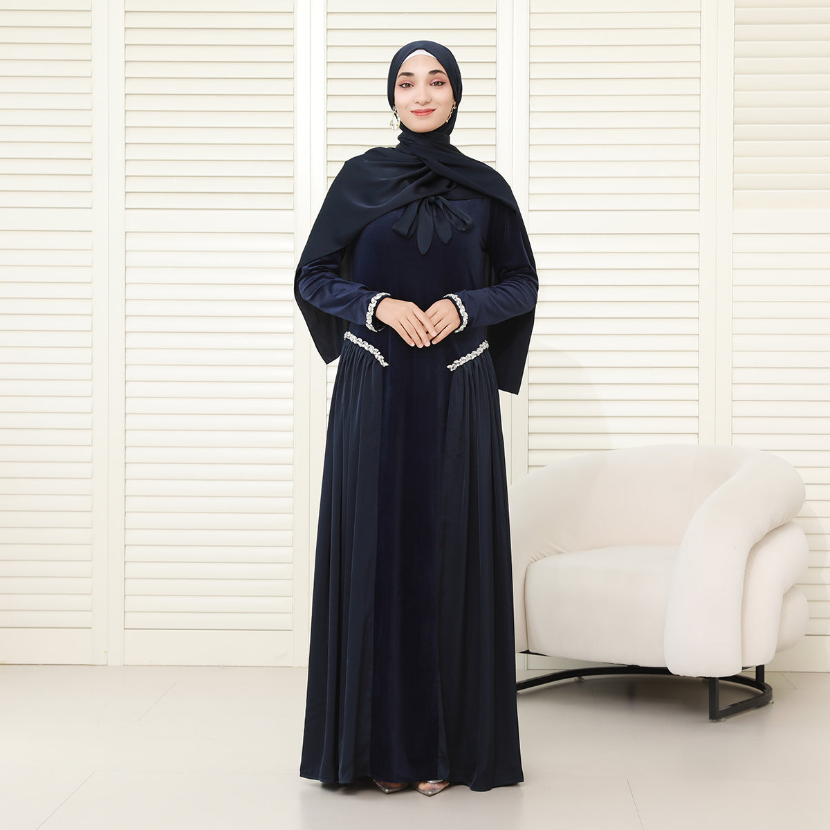 Navy Collar Velvet Satin Abaya Set with Hijab – Fall Modest Fashion (NCS016)