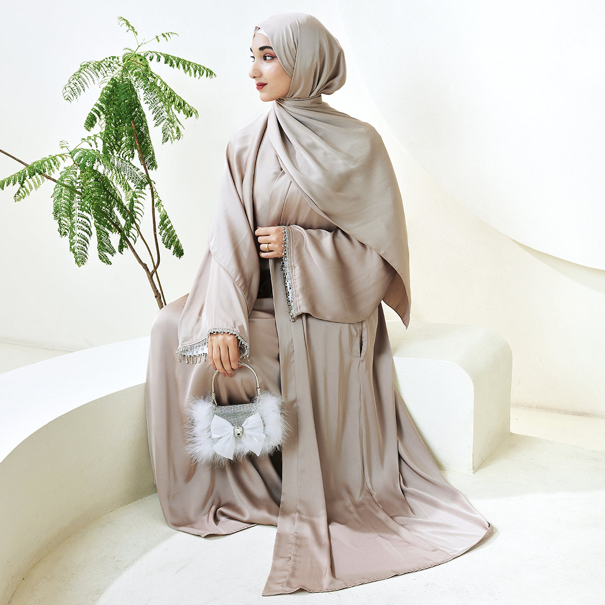 Satin Abaya With Diamond Tassels Belt, 4-Piece Set (NCS004)