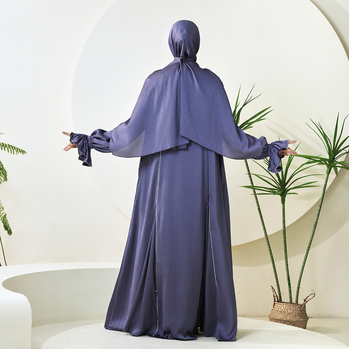 3-Piece Ruffle Sleeve Haiya Abaya Set with Sparkling Rhinestone (NCS006)