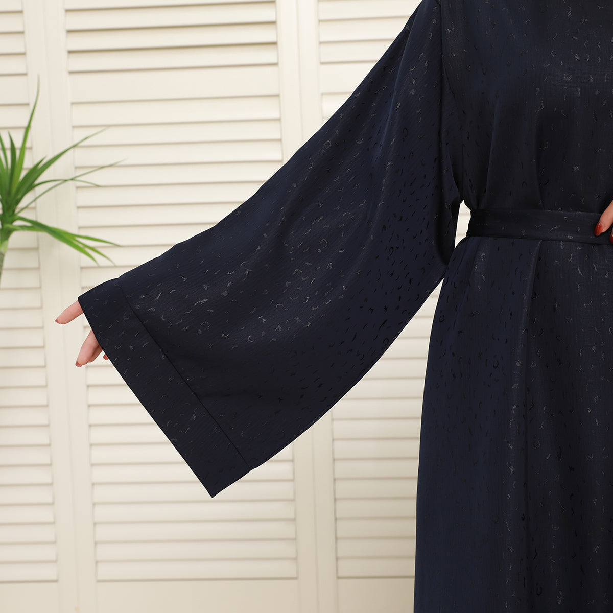 Elegant 3D Jacquard Brocade Belted Maxi Dress Abaya– Luxury Satin Gown for Formal Occasions(NCA019)