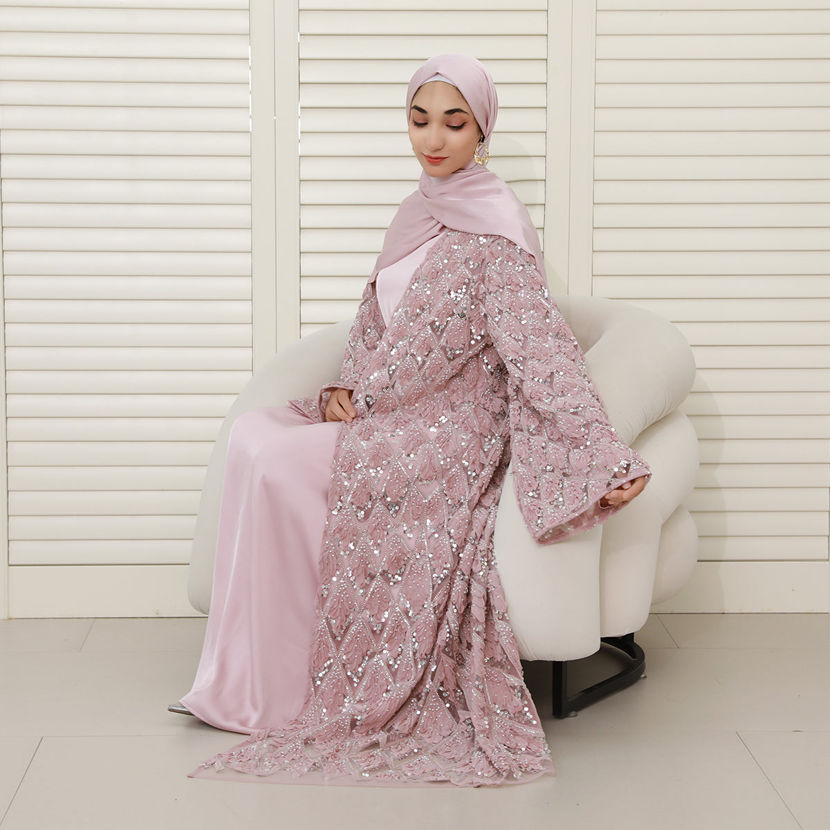 Luxury Bridal-Inspired 4-Piece Abaya Set with Pearl & Crystal Floral Embroidery (NCS017)