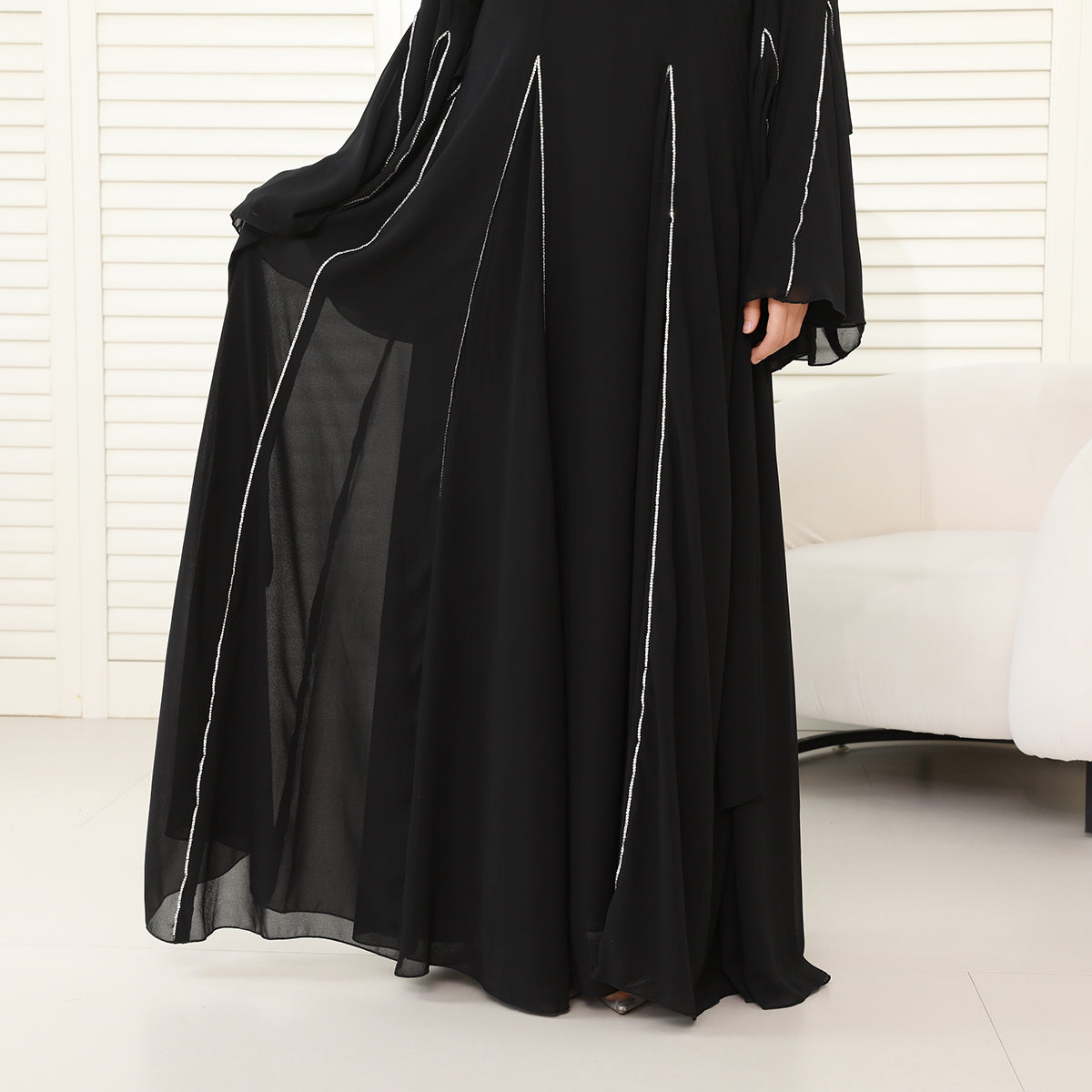 Elegant Bell Sleeve Maxi Abaya with Matching Hijab – Flowing Chiffon with Silver Trim(NCS019)