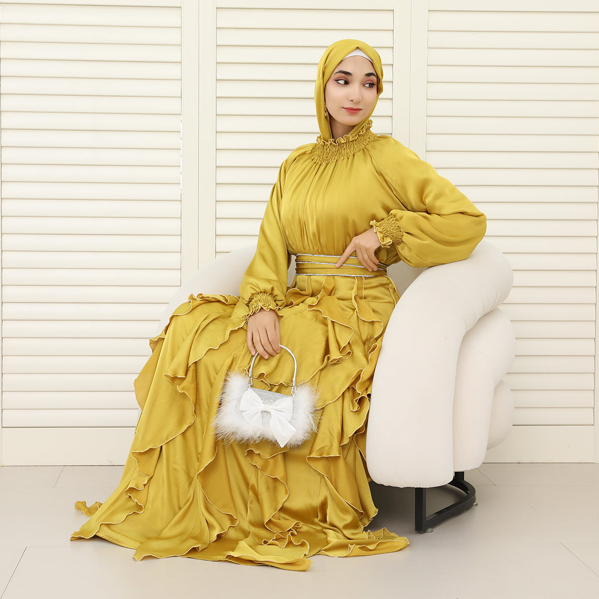 3-Piece Pleated Satin Ruffle Abaya with Crystal Belt & Hijab (NCS015)