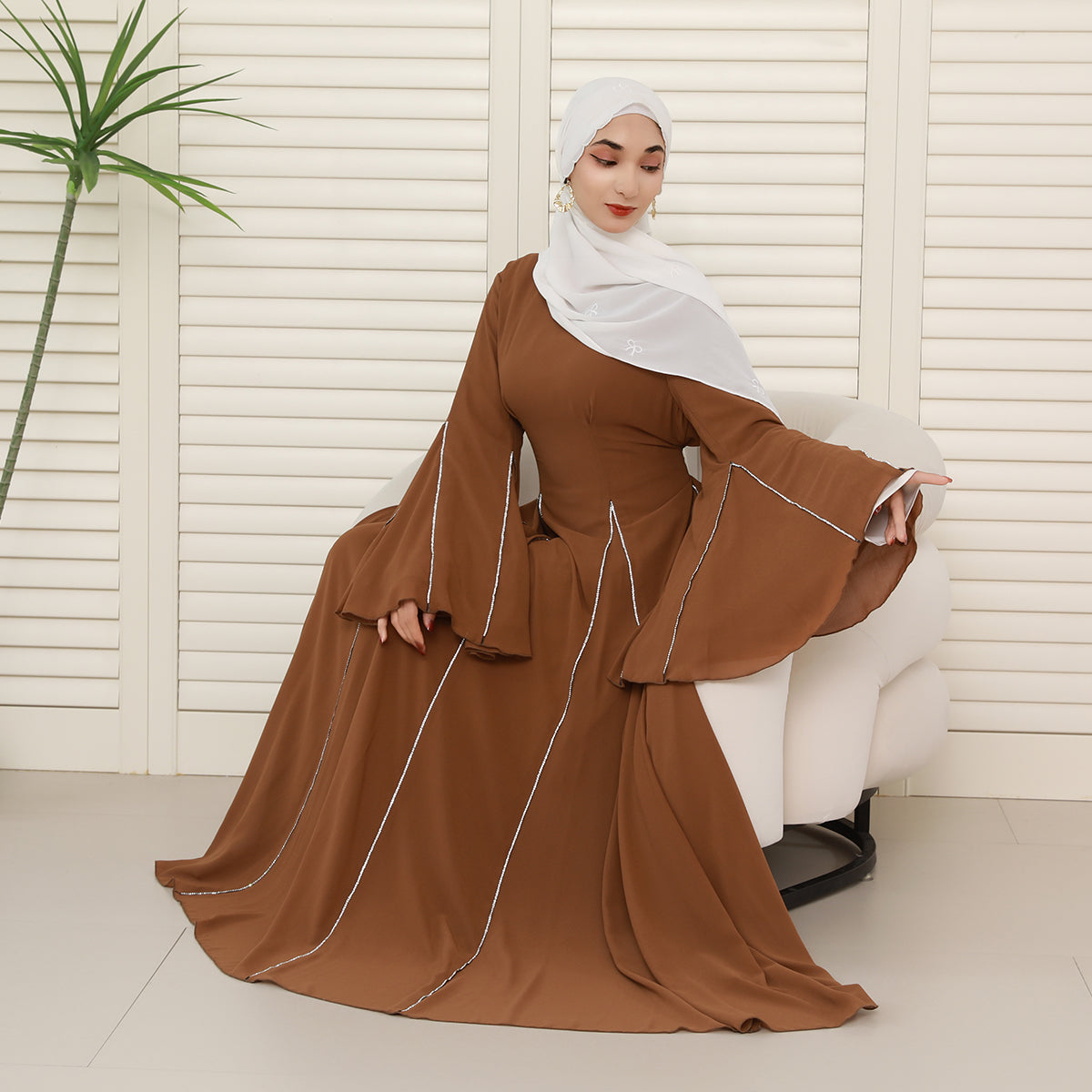 Elegant Bell Sleeve Maxi Abaya with Matching Hijab – Flowing Chiffon with Silver Trim(NCS019)