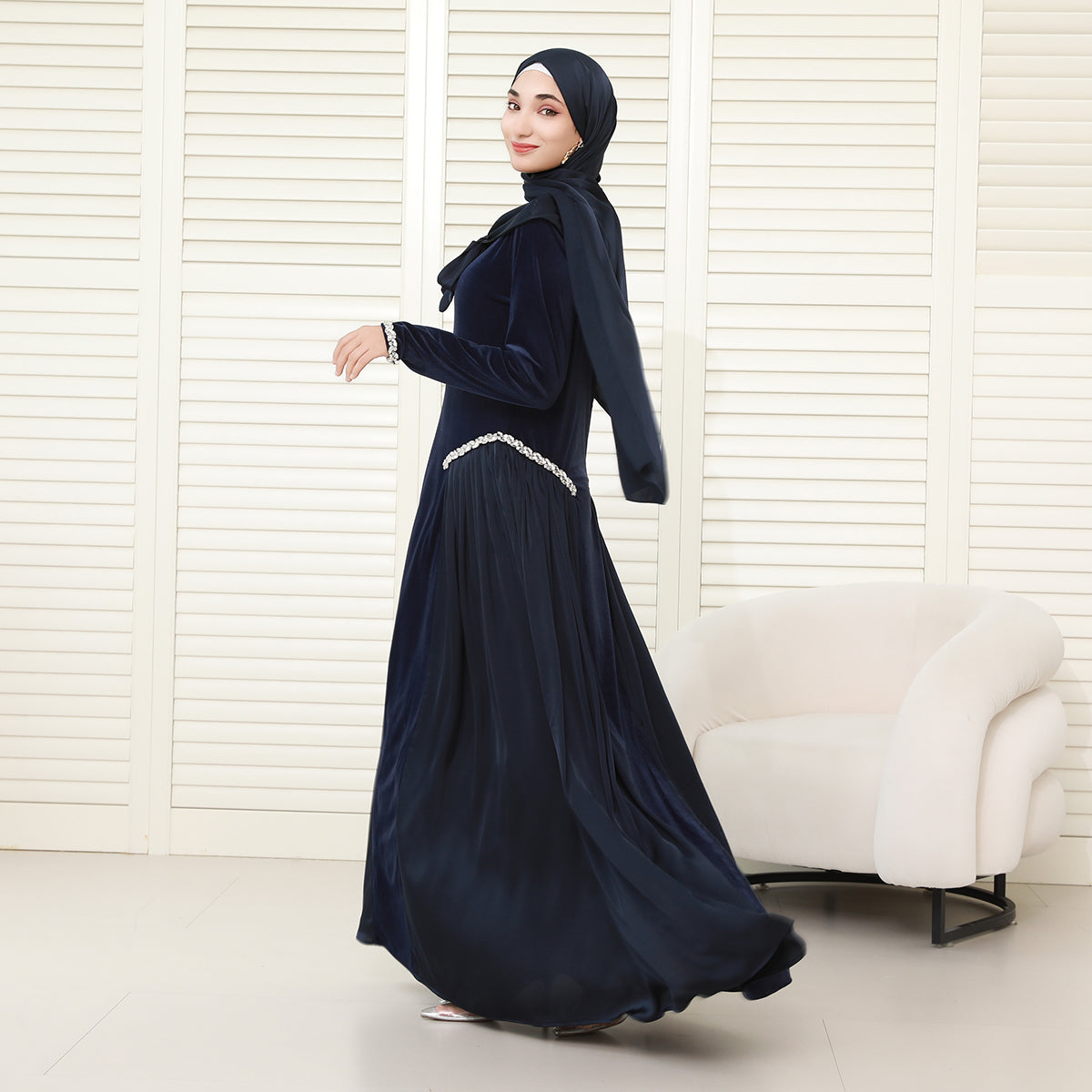 Navy Collar Velvet Satin Abaya Set with Hijab – Fall Modest Fashion (NCS016)