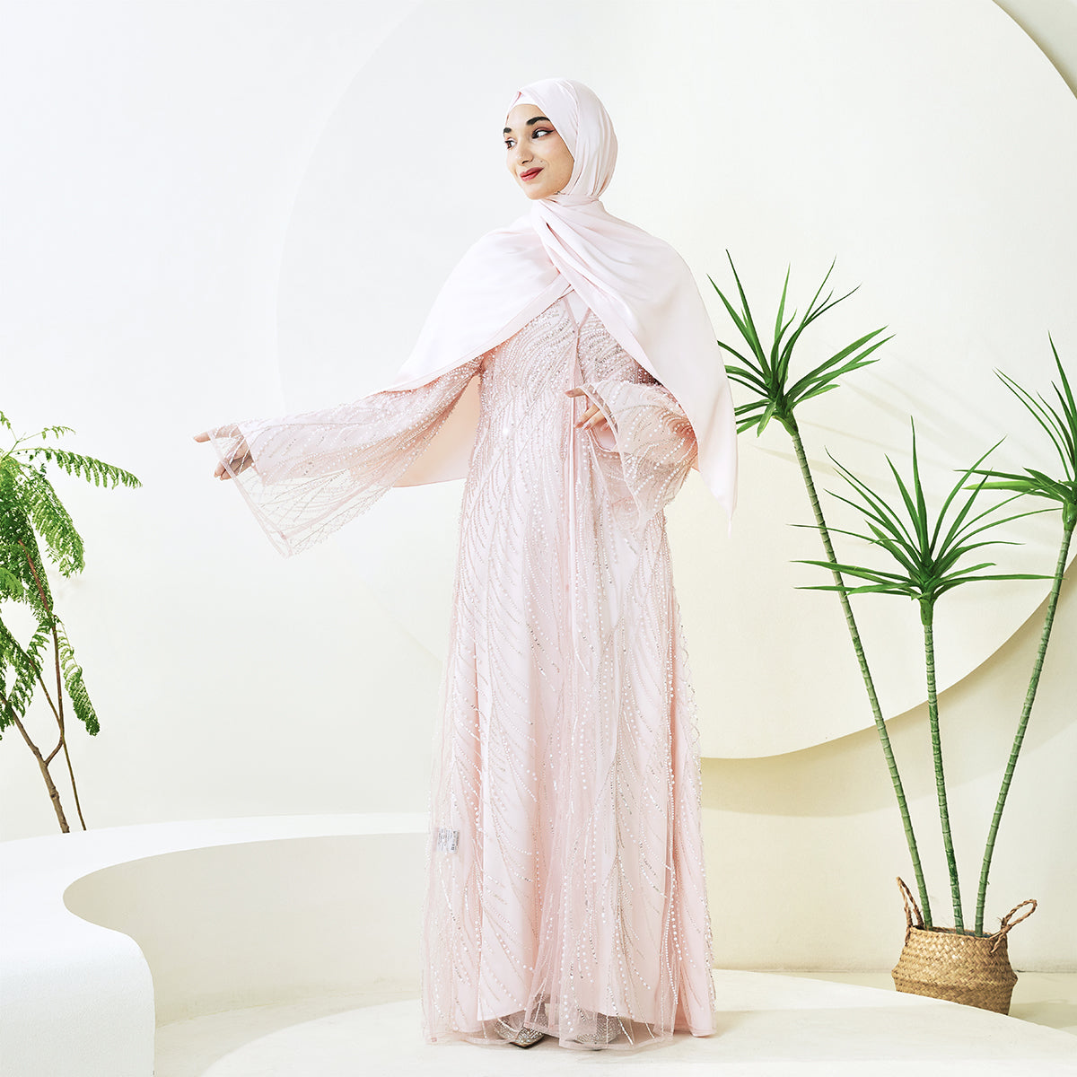 3-Piece Bridal Abaya Set with Pearl‑Embellished Organza Overlay PREORDER(NCS010)
