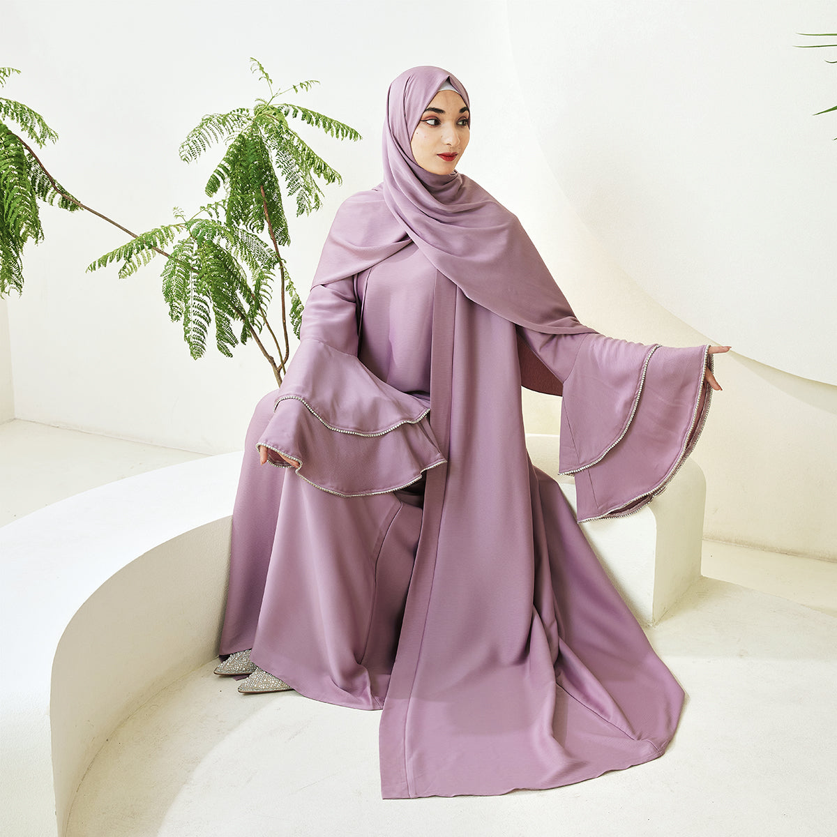 Crepe Satin Ruffle Sleeve Abaya, 5-Piece Set (NCS003)