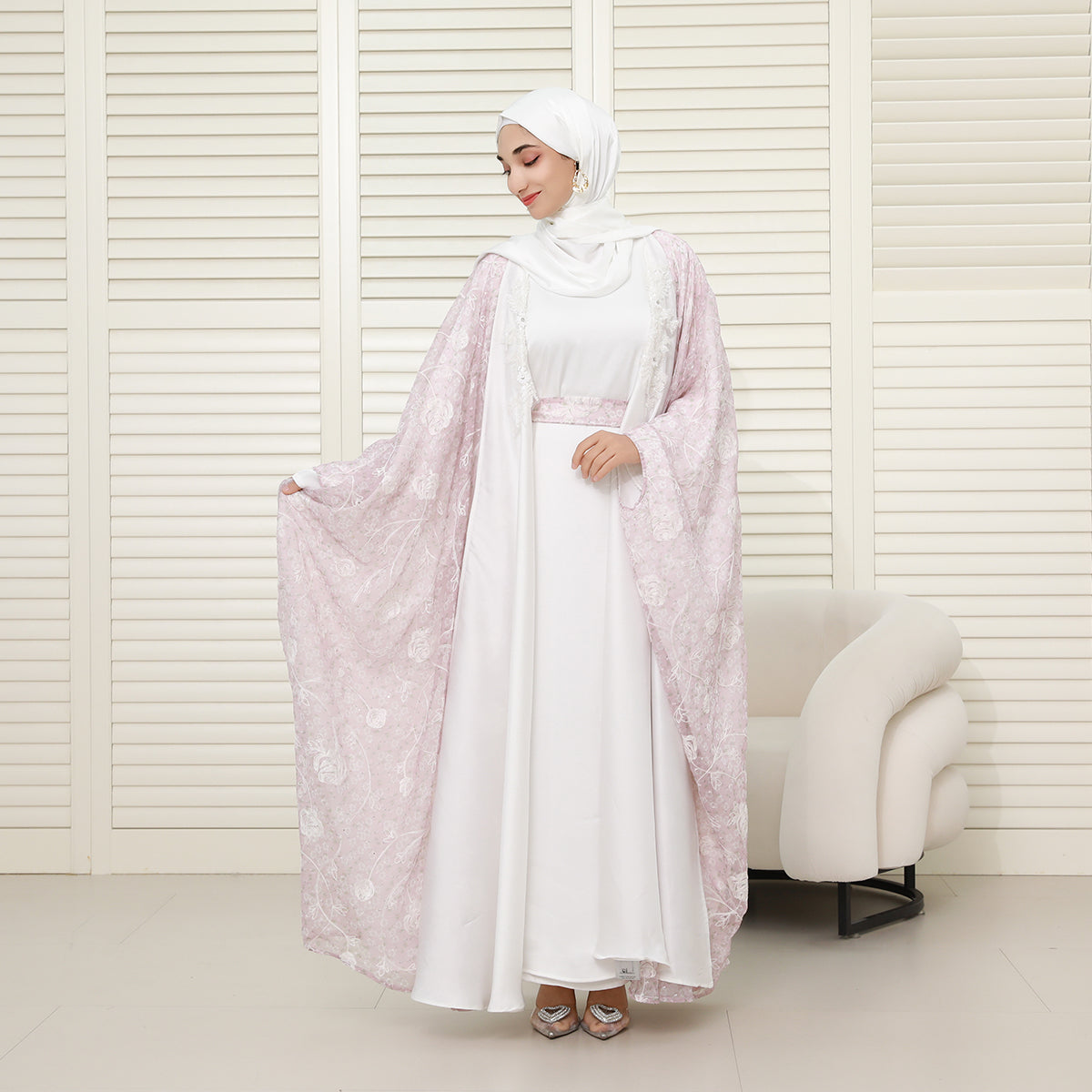 Reversible 4-Piece Batwing Abaya Set – Armani Satin & Embroidered Chiffon (NCS018)