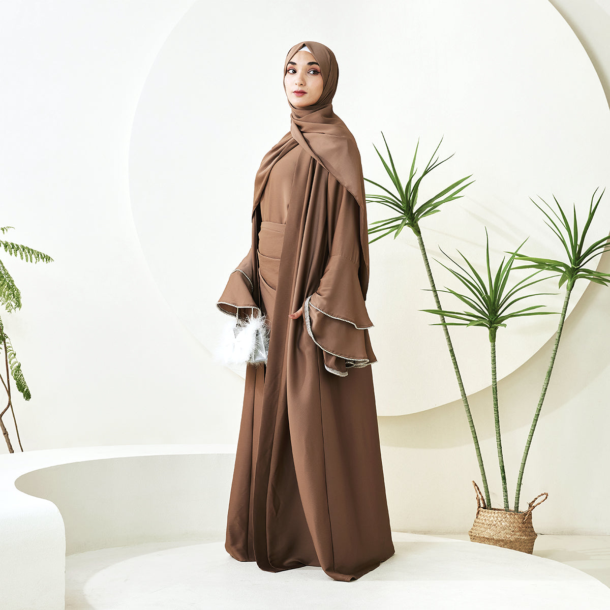 Crepe Satin Ruffle Sleeve Abaya, 5-Piece Set (NCS003)