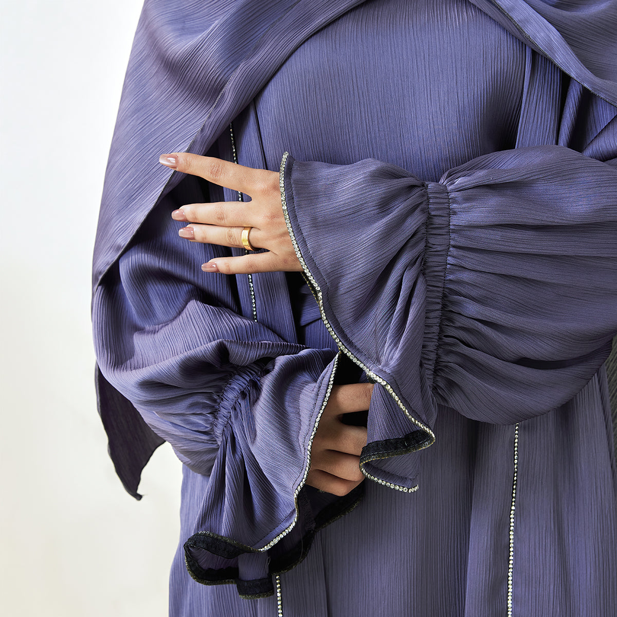 3-Piece Ruffle Sleeve Haiya Abaya Set with Sparkling Rhinestone (NCS006)