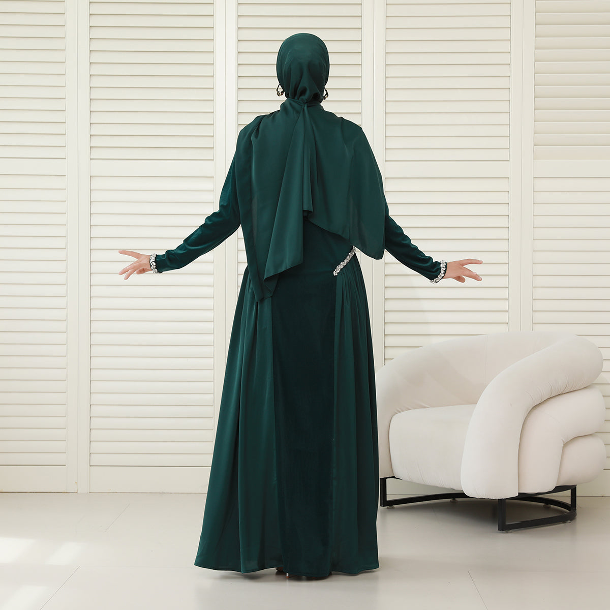 Navy Collar Velvet Satin Abaya Set with Hijab – Fall Modest Fashion (NCS016)