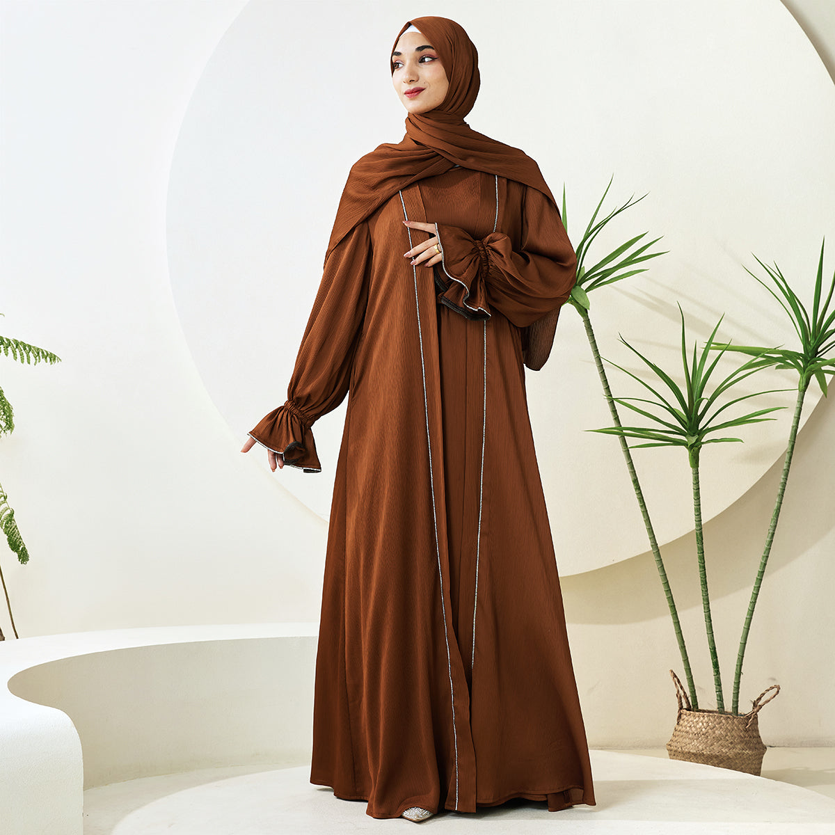 3-Piece Ruffle Sleeve Haiya Abaya Set with Sparkling Rhinestone (NCS006)