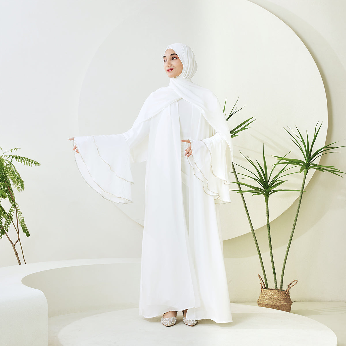 Crepe Satin Ruffle Sleeve Abaya, 5-Piece Set (NCS003)
