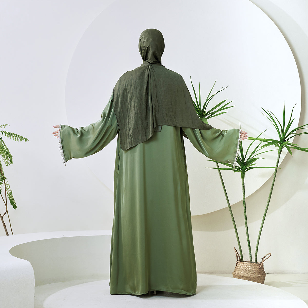 Satin Abaya With Diamond Tassels Belt, 4-Piece Set (NCS004)