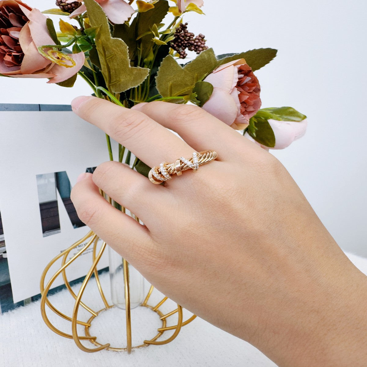 Gold Twisted Rope Ring with Crystal Accents – Adjustable Open Band Ring for Women(NCJ006)