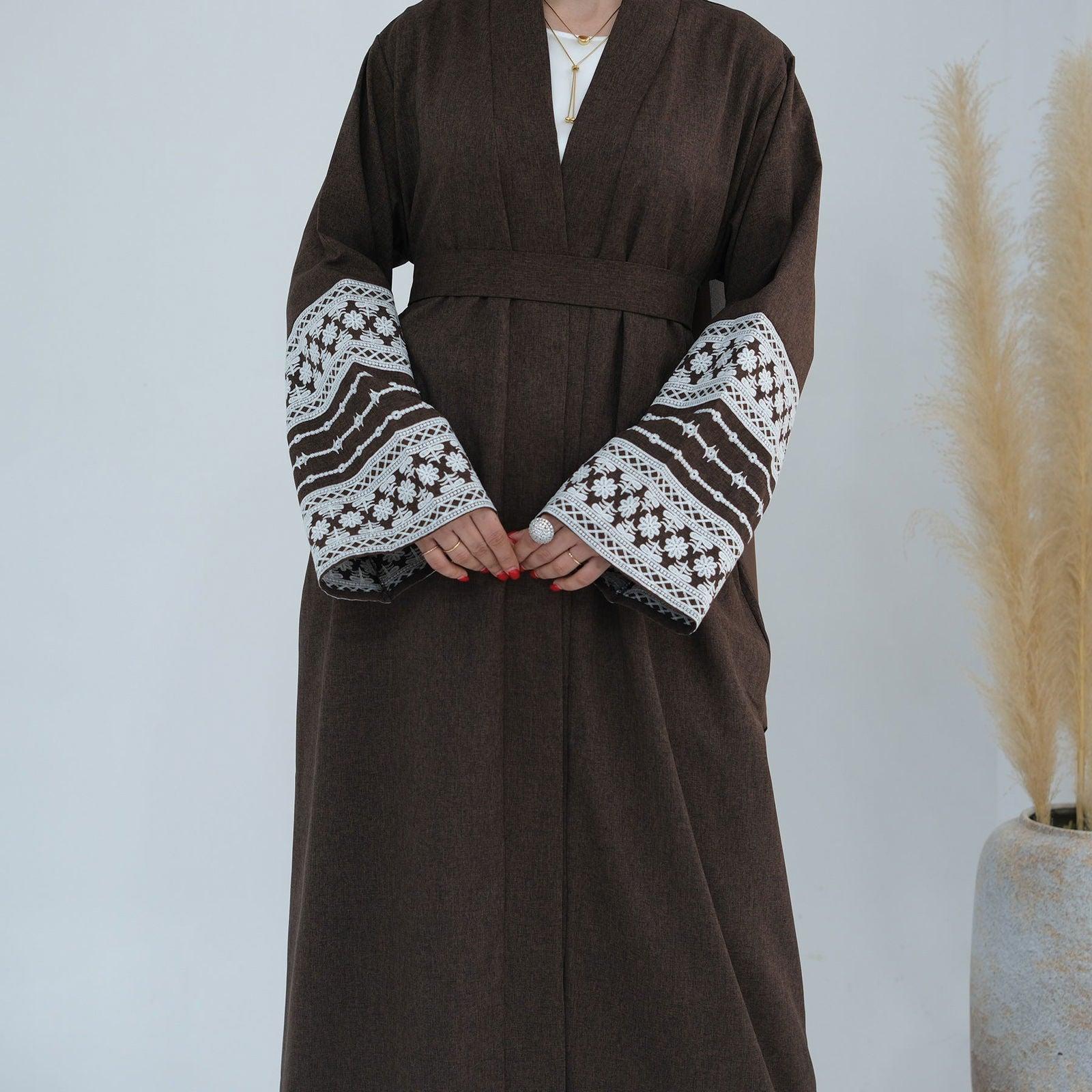 Bahar Open Abaya-Embroidered Cotton Linen - MuMoModesty