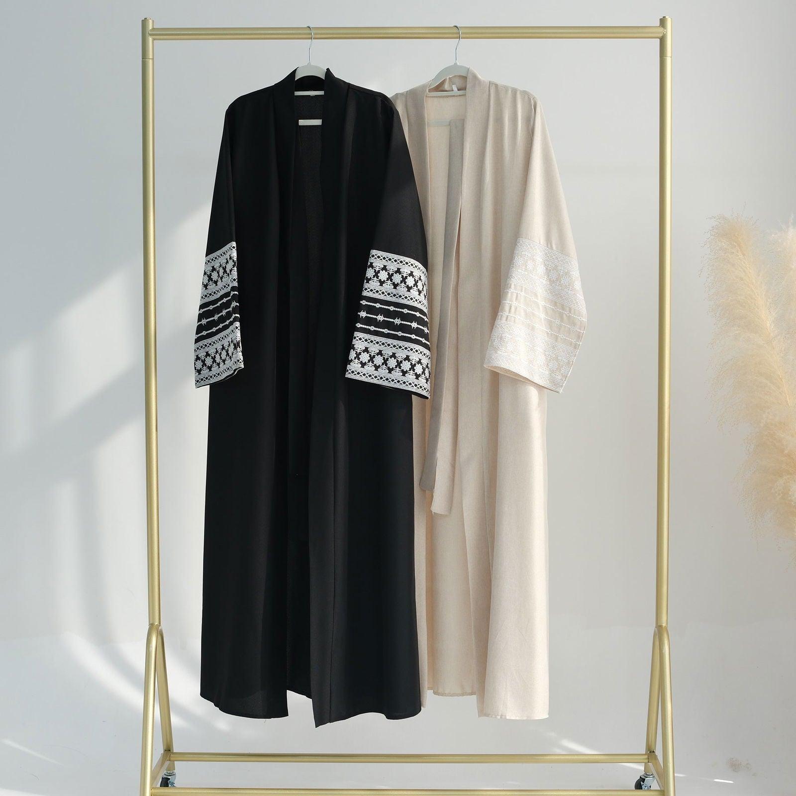 Bahar Open Abaya-Embroidered Cotton Linen - MuMoModesty