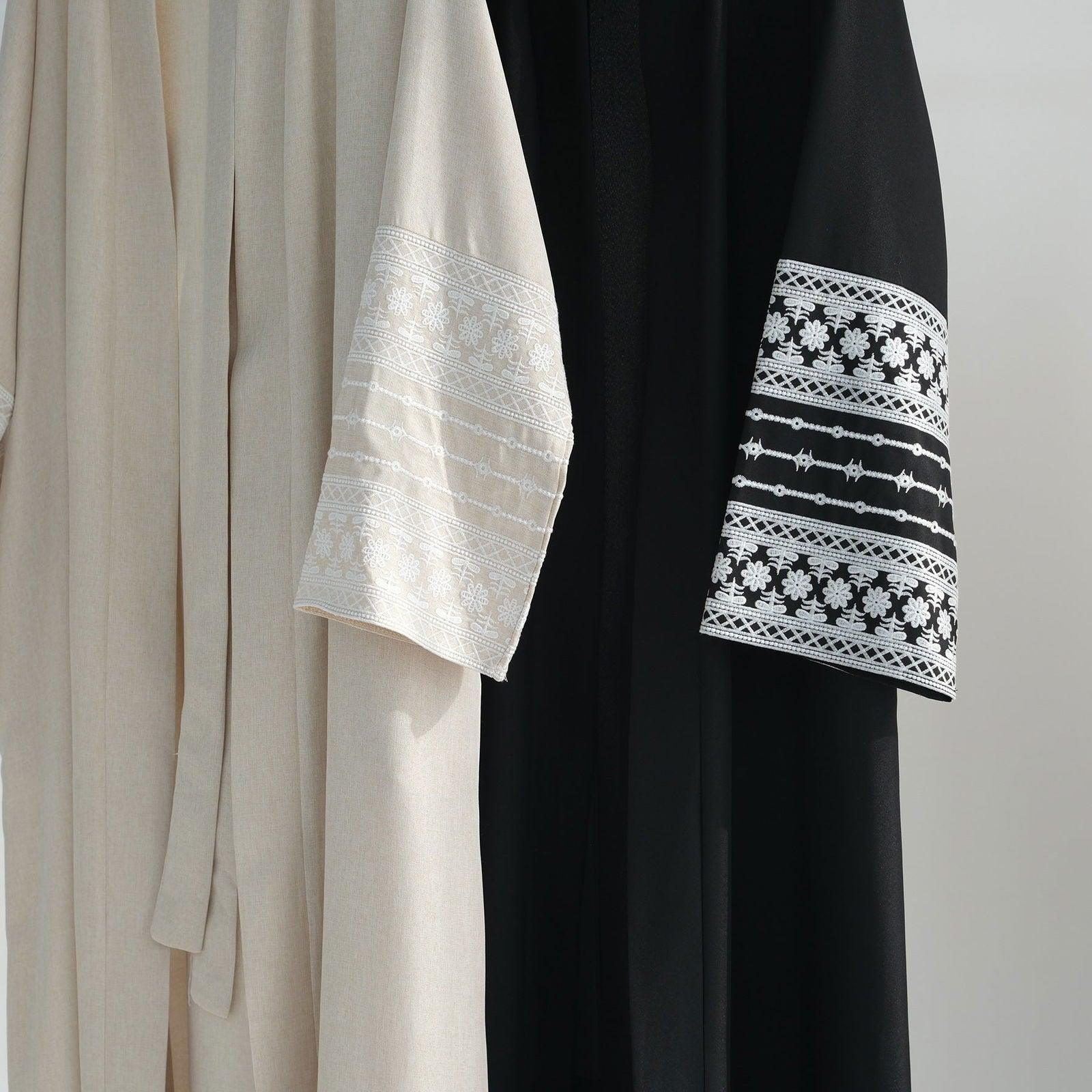 Bahar Open Abaya-Embroidered Cotton Linen - MuMoModesty