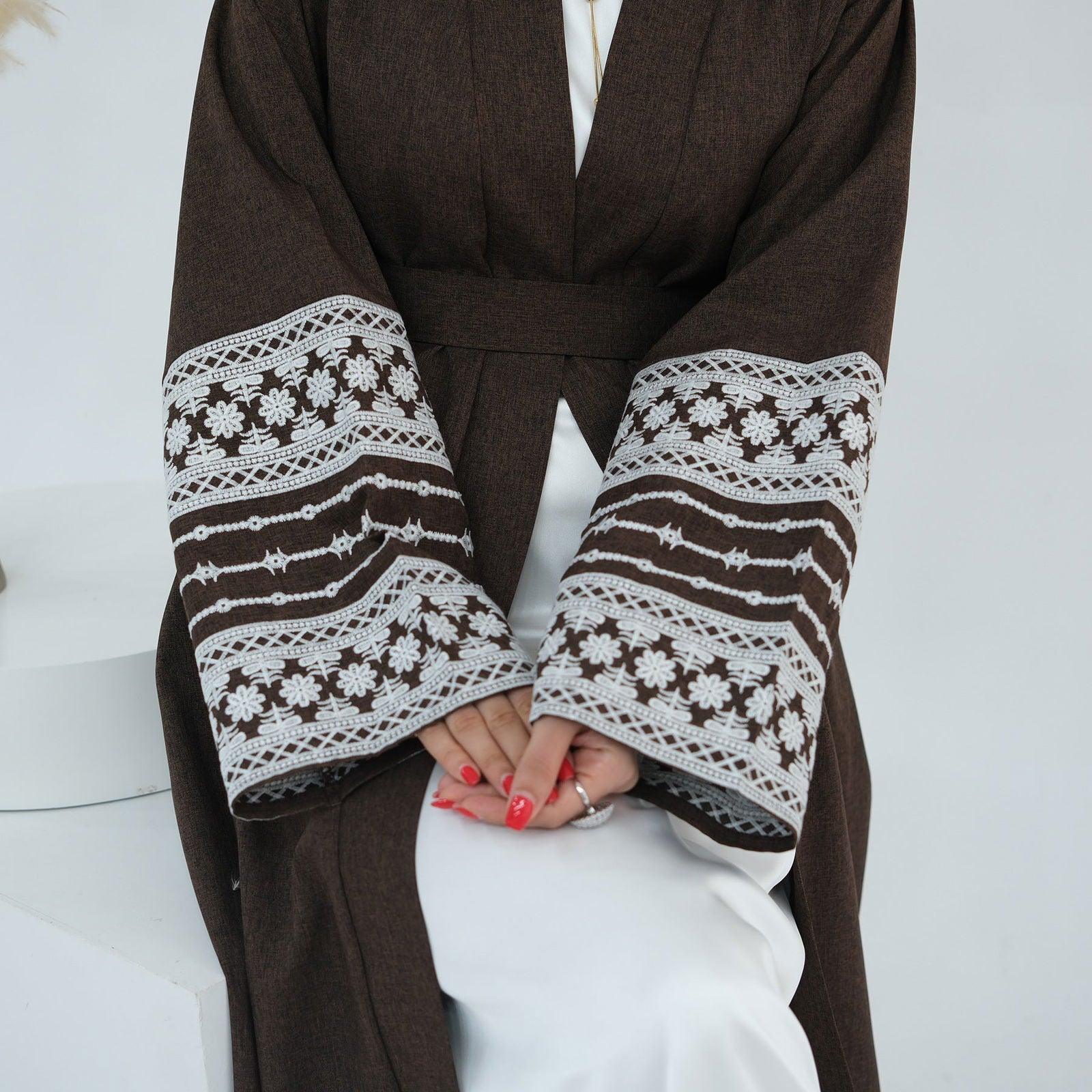 Bahar Open Abaya-Embroidered Cotton Linen - MuMoModesty
