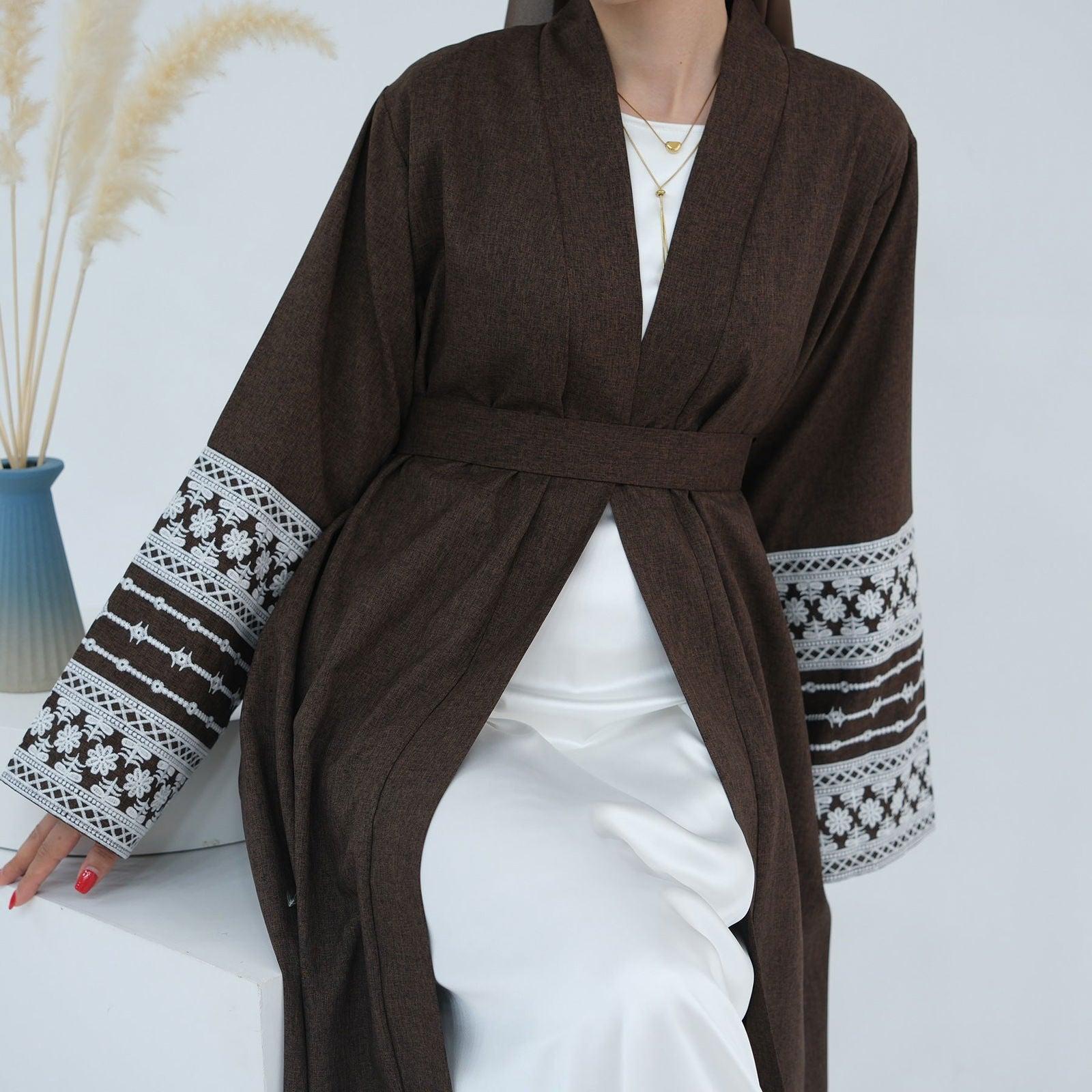Bahar Open Abaya-Embroidered Cotton Linen - MuMoModesty