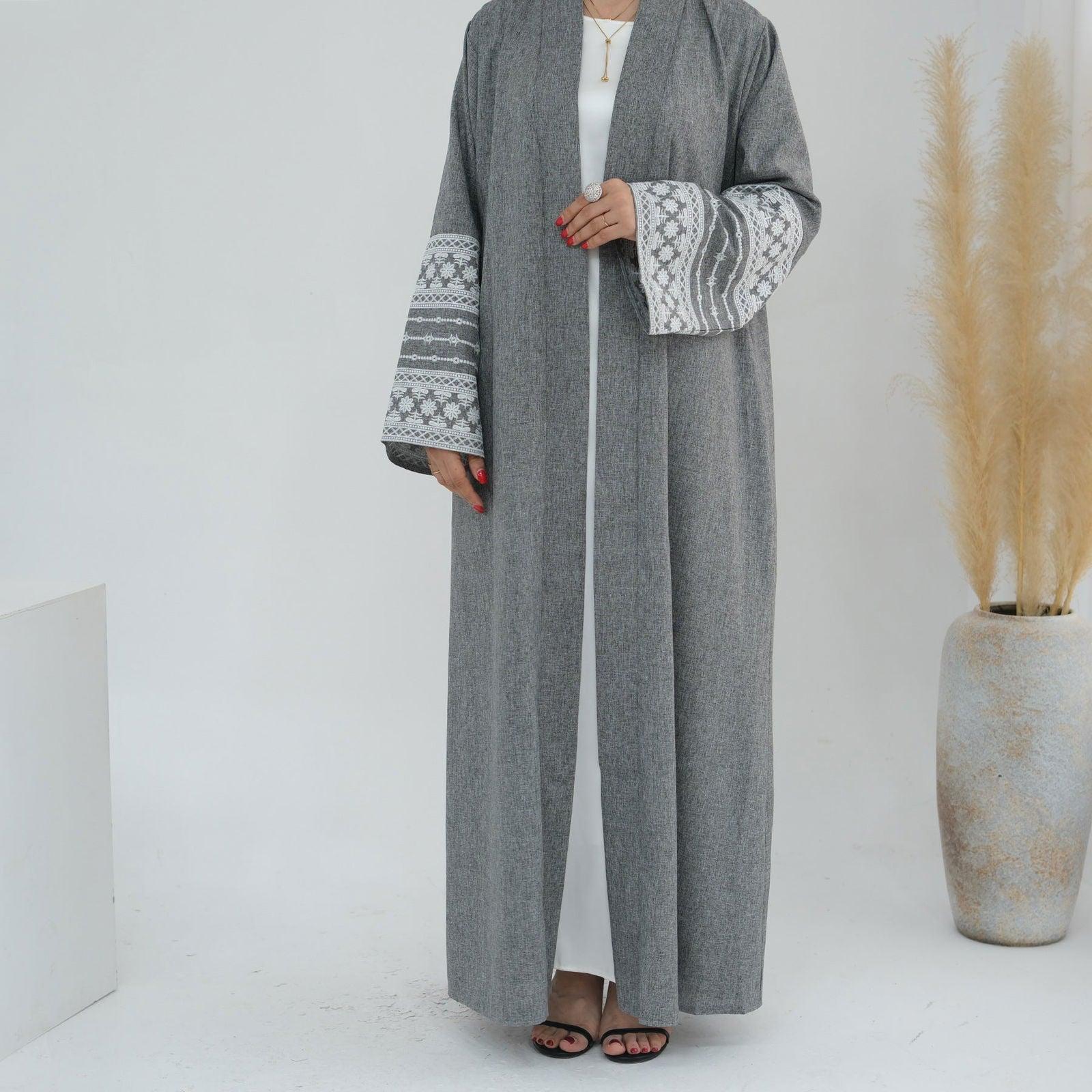 Bahar Open Abaya-Embroidered Cotton Linen - MuMoModesty