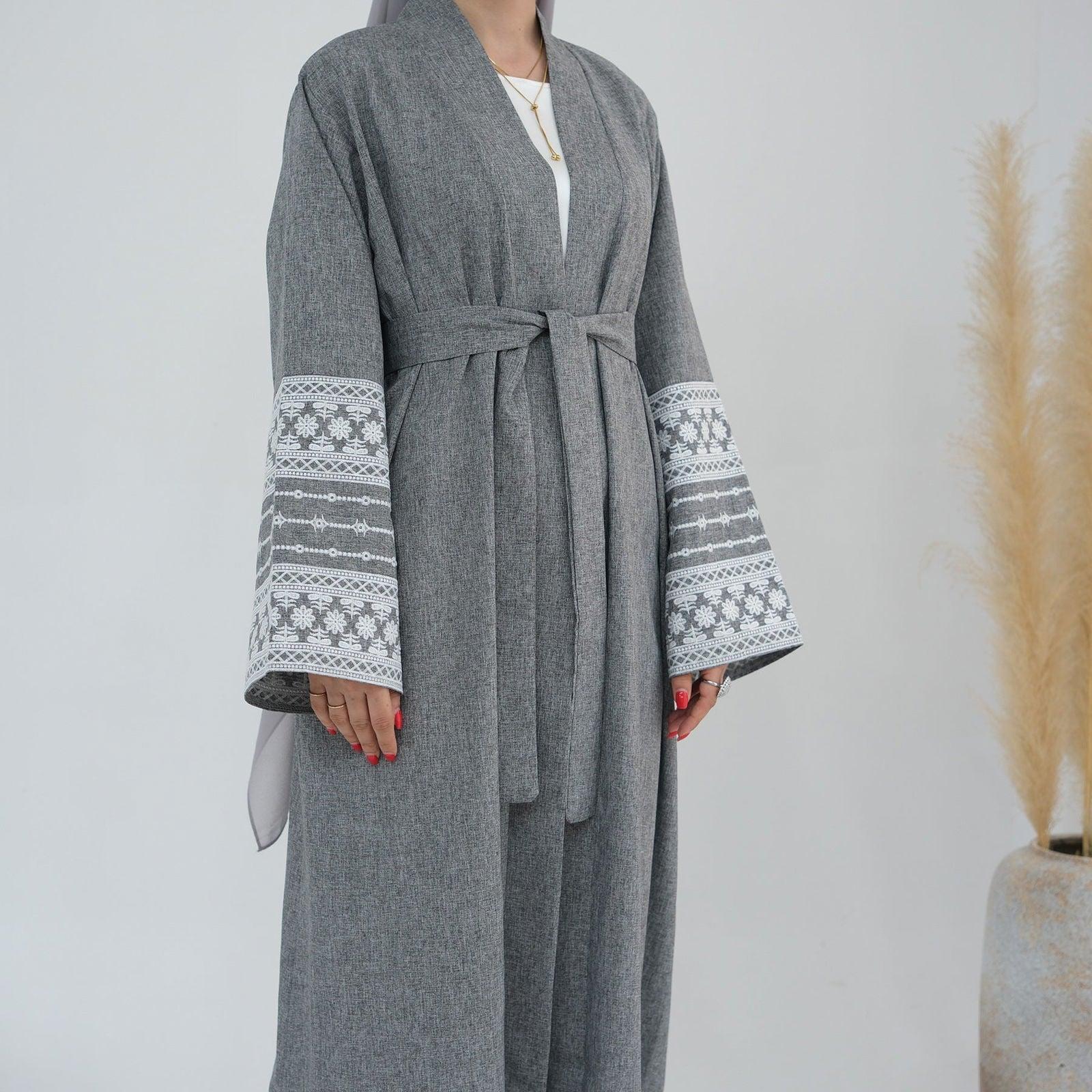 Bahar Open Abaya-Embroidered Cotton Linen - MuMoModesty