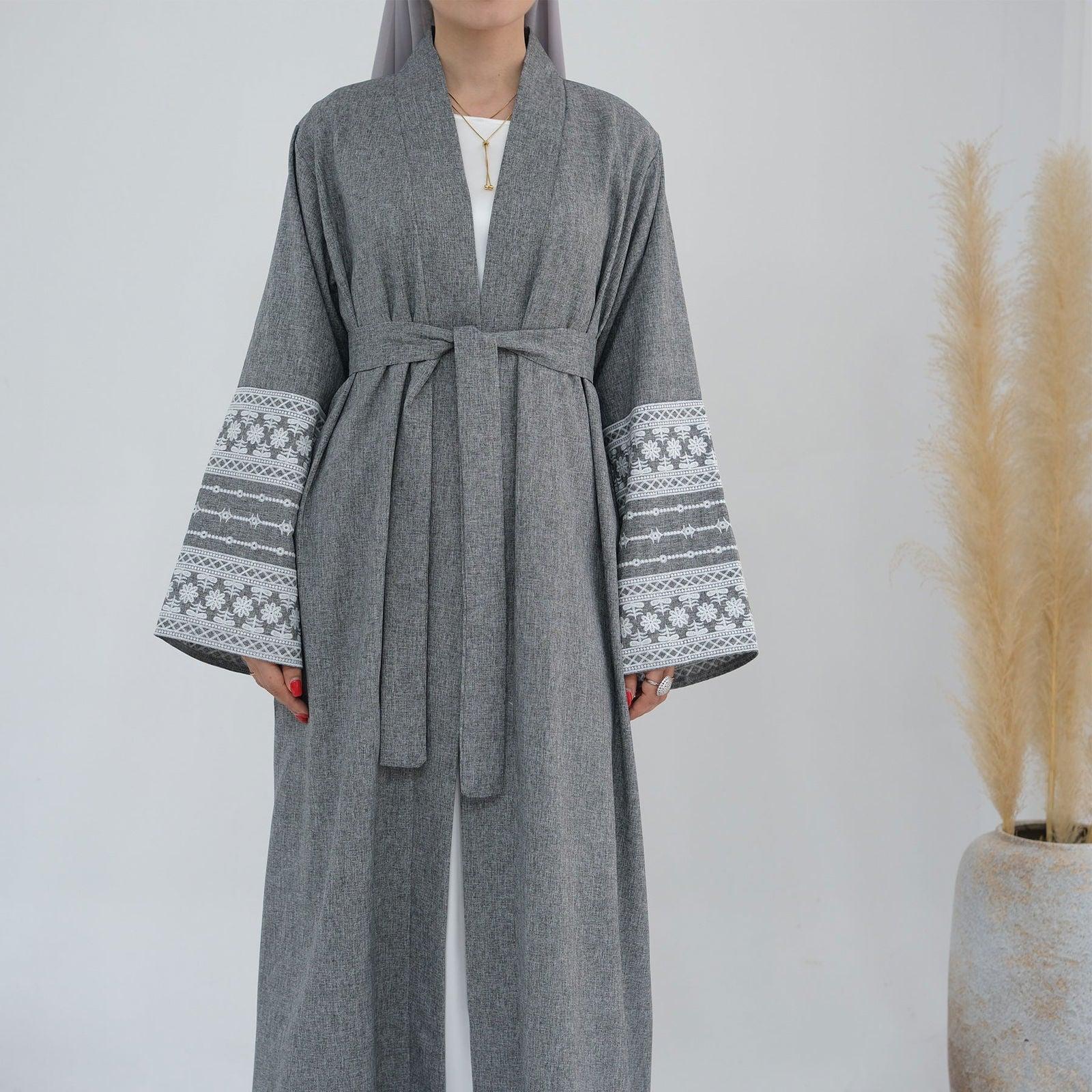 Bahar Open Abaya-Embroidered Cotton Linen - MuMoModesty