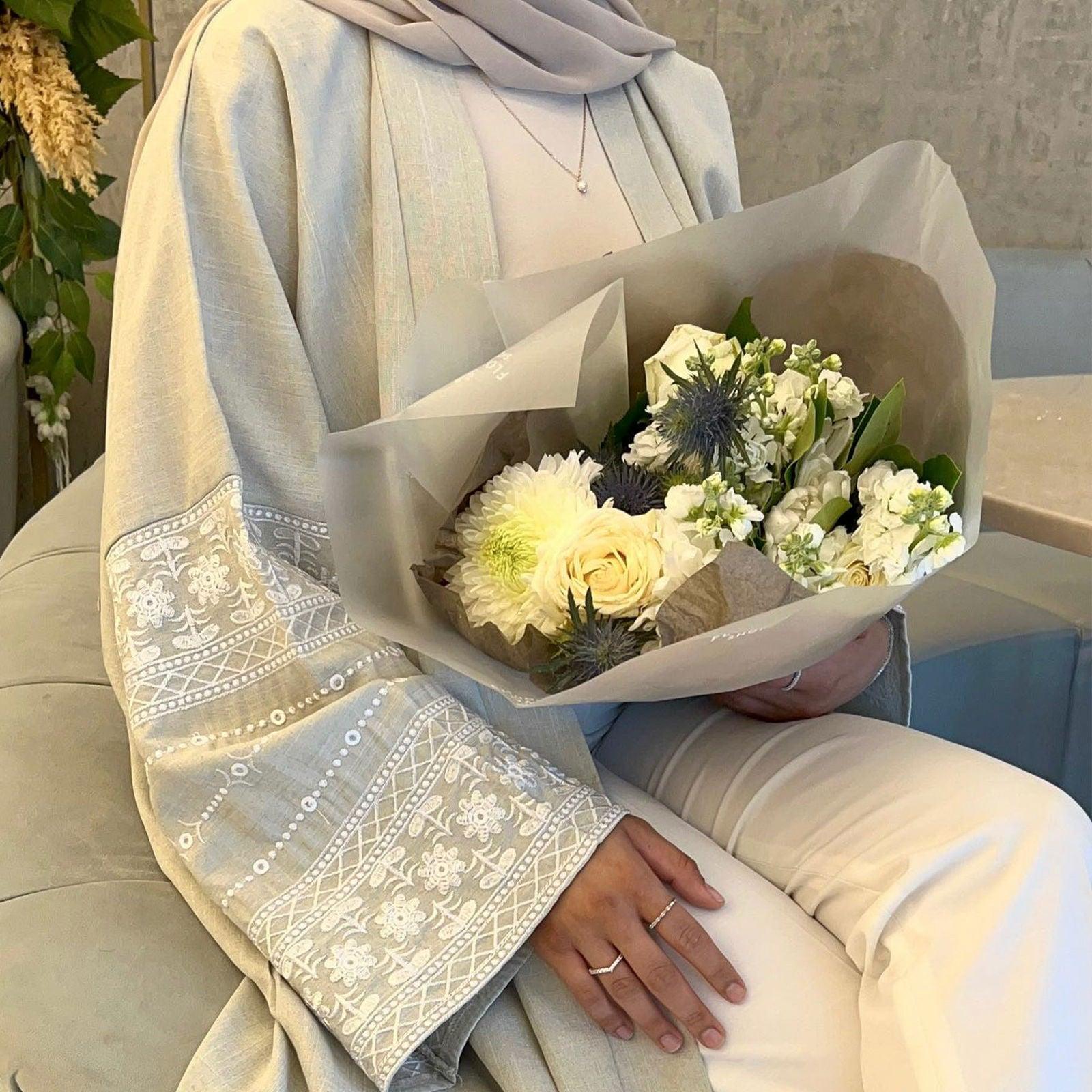Bahar Open Abaya-Embroidered Cotton Linen - MuMoModesty