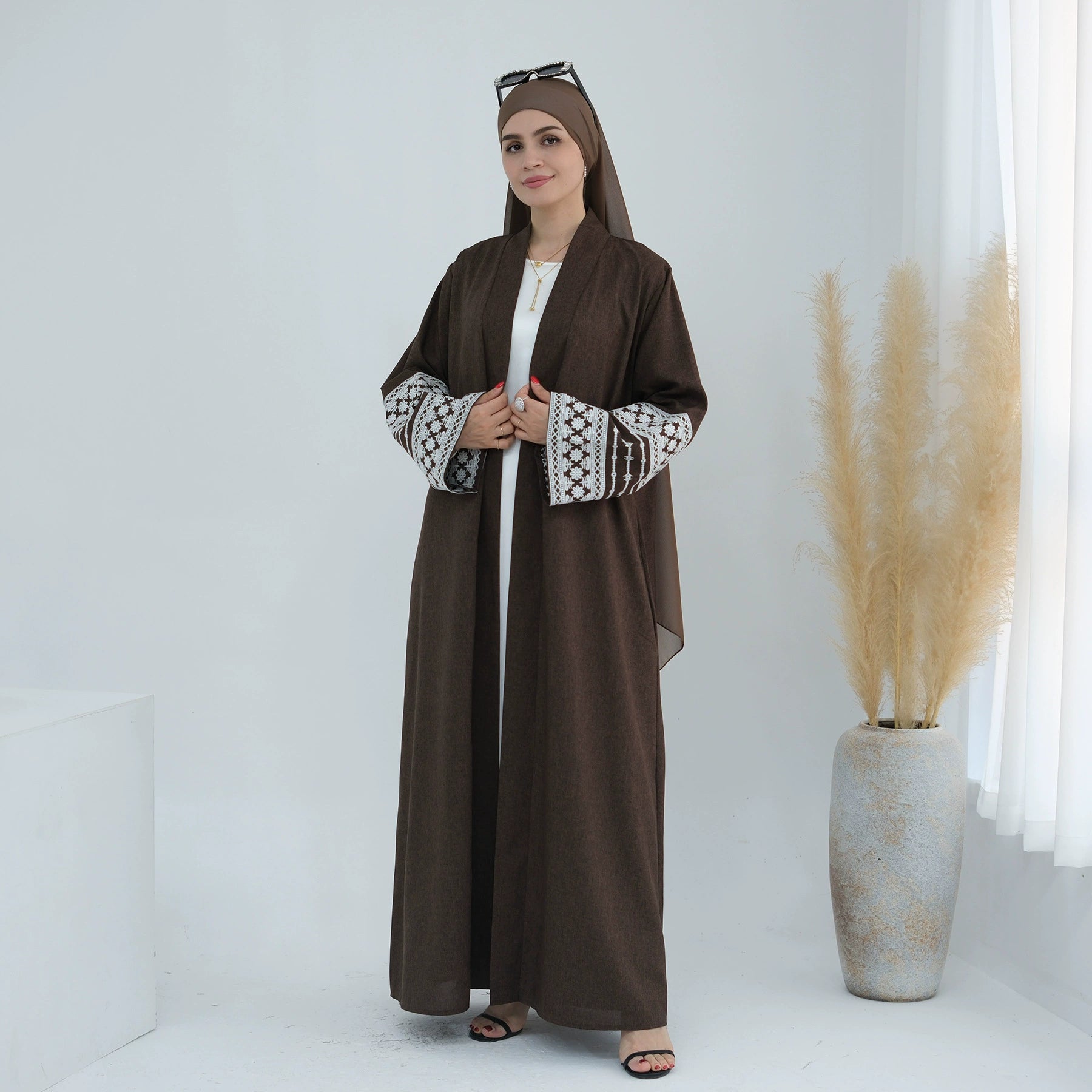 Bahar Open Abaya-Embroidered Cotton Linen (NCO002)