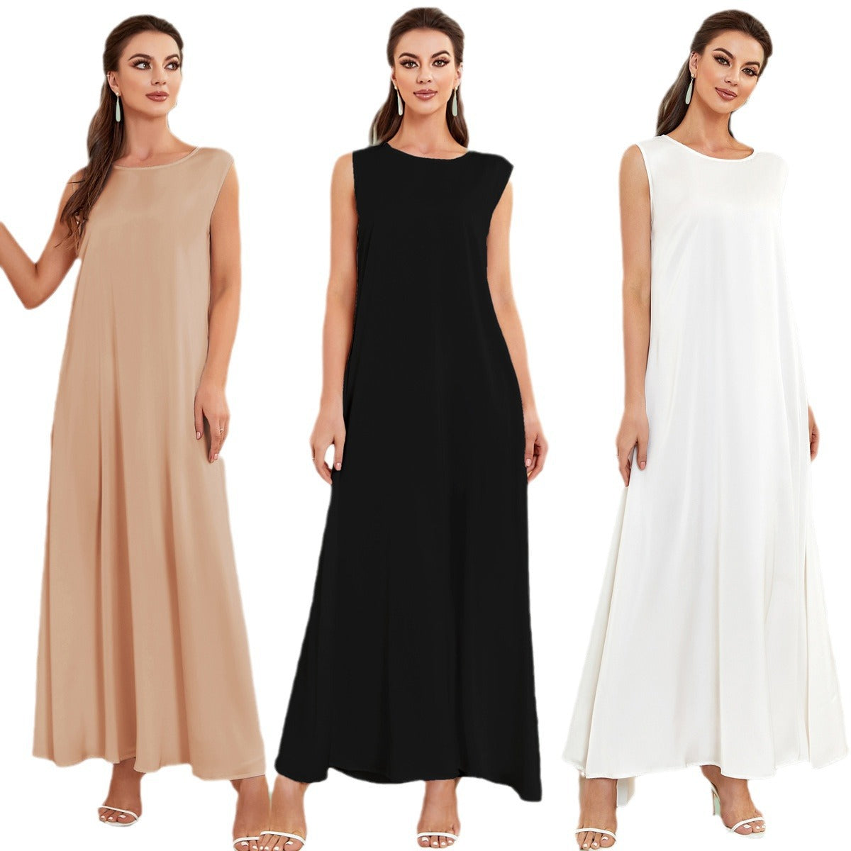 Versatile Satin‑Look Sleeveless Tank Dress – 3‑Color Loose Fit Muslim Women’s Summer Slip Dress(NCA020)