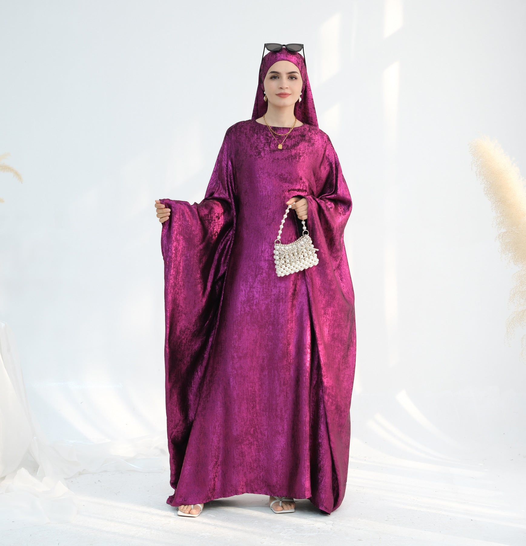 Luxe Metallic-Embroidered Abaya Dress – Oversized Modest Gown for All Body Types (NCK003)