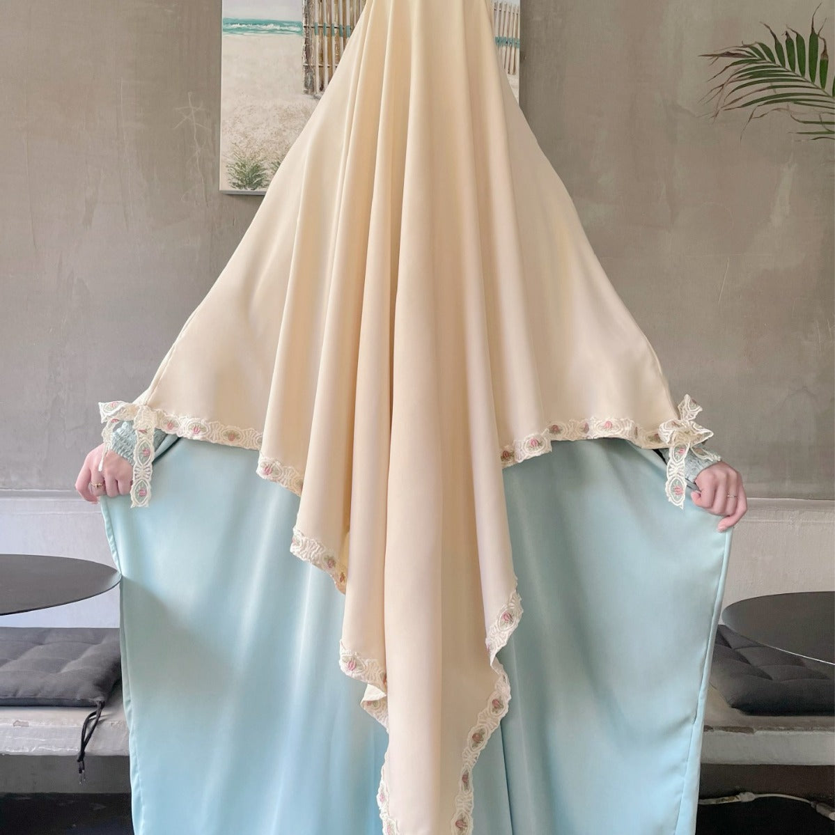 Elegant Single-Layer Khimar with Bow and Three-Tier Floral Embroidery (NCK002)