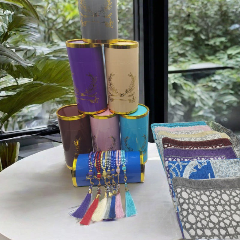Prayer Rug & Tasbih Gift Set in Cylinder Box – Portable Muslim Prayer Essentials