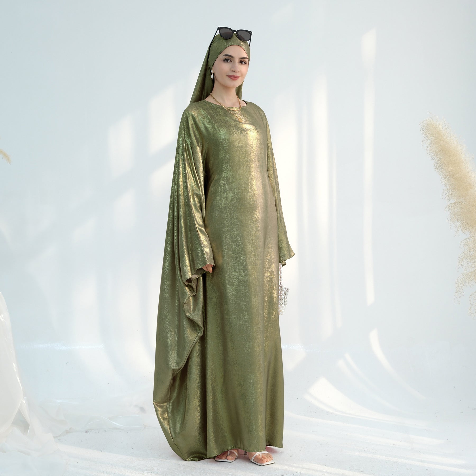 Luxe Metallic-Embroidered Abaya Dress – Oversized Modest Gown for All Body Types (NCK003)