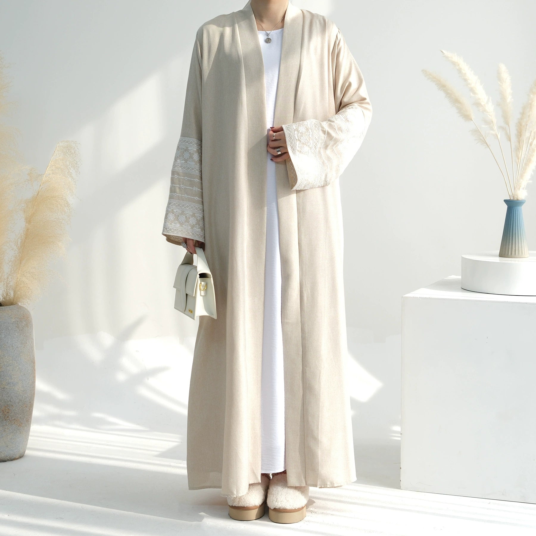 Bahar Open Abaya-Embroidered Cotton Linen (NCO002)