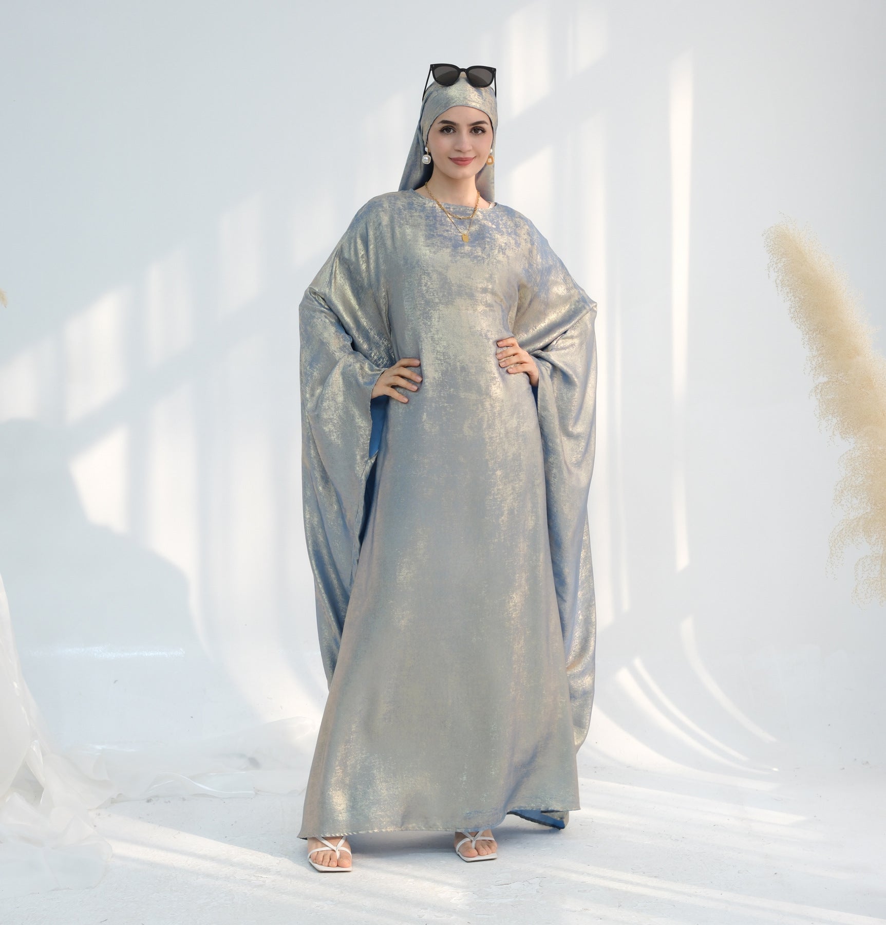 Luxe Metallic-Embroidered Abaya Dress – Oversized Modest Gown for All Body Types (NCK003)